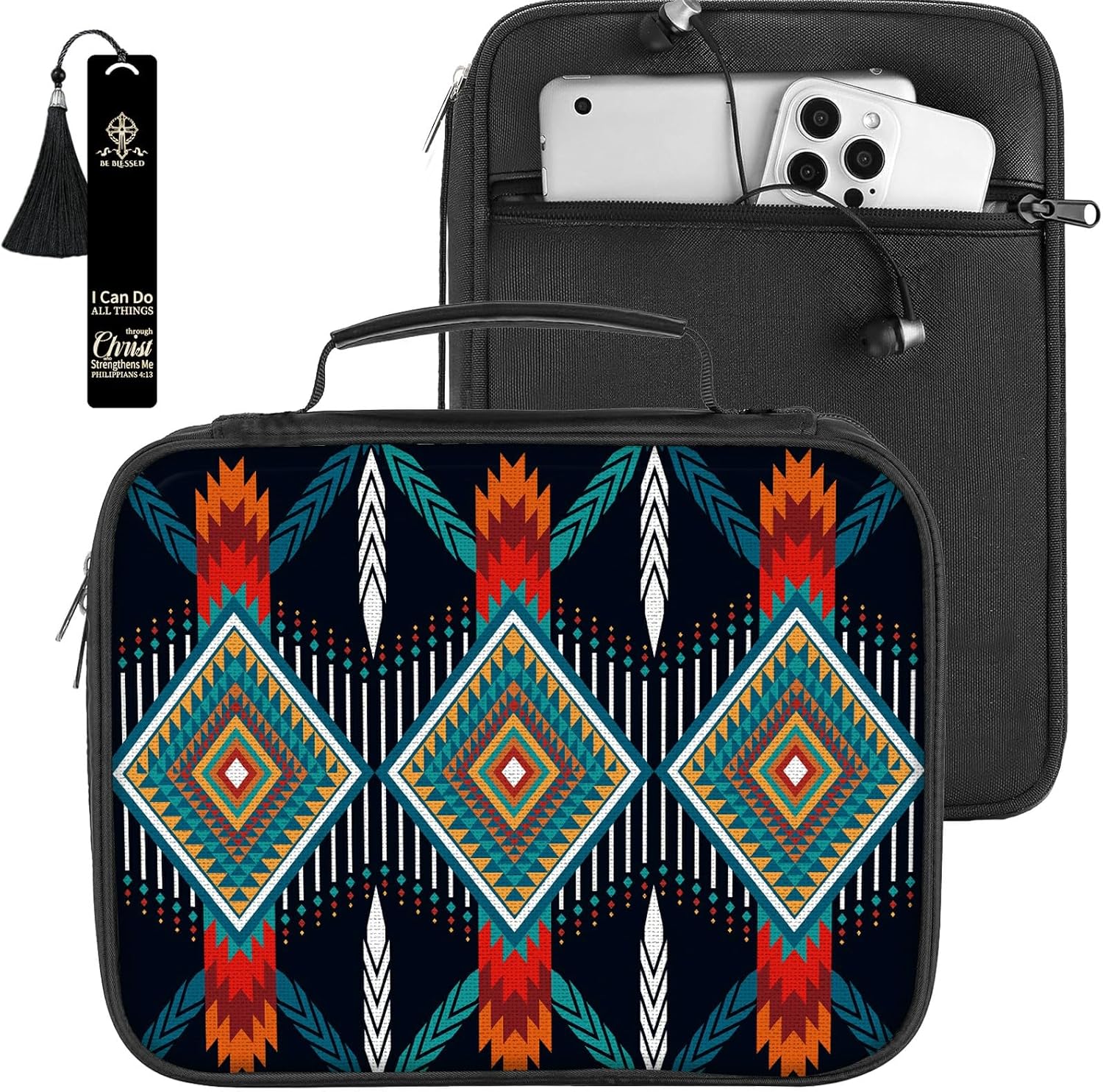 Bible Cover w/Metal Bookmark, Carrying Organizer Book Case Church Bag Bible Protective Holder with Handle Zippered Pocket, Bible Study Accessories Supplies for Women Kids, Boho Aztec Western