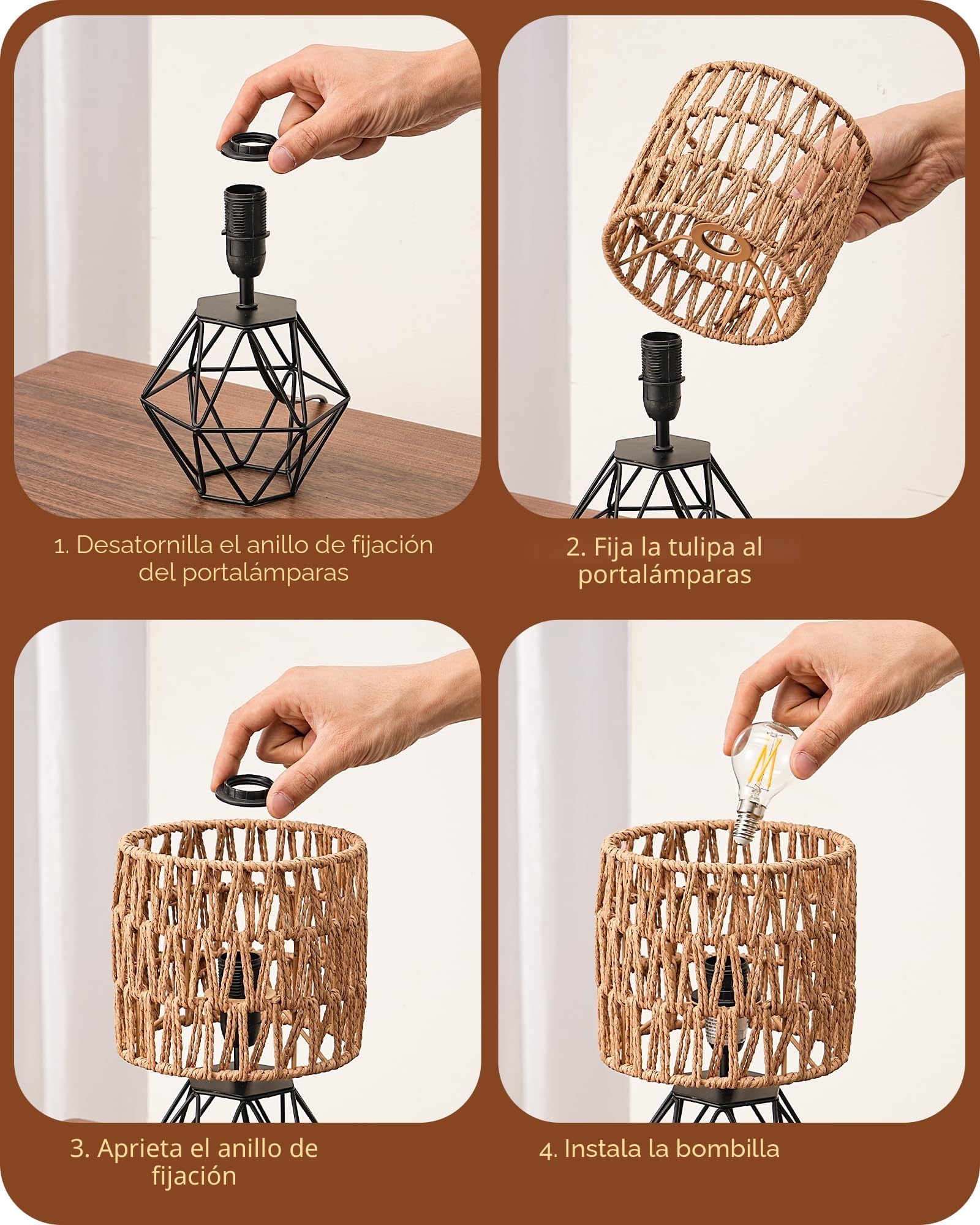 EDISHINE Lámpara Mesita Boho, Pantalla Cuerda Papel, Base Metal, Negro | Pantalla Cuerda Papel Tejida, Aspecto Rejilla Metal, Casquillo E14, Blanco Cálido 2700 K, para Dormitorio, Salón