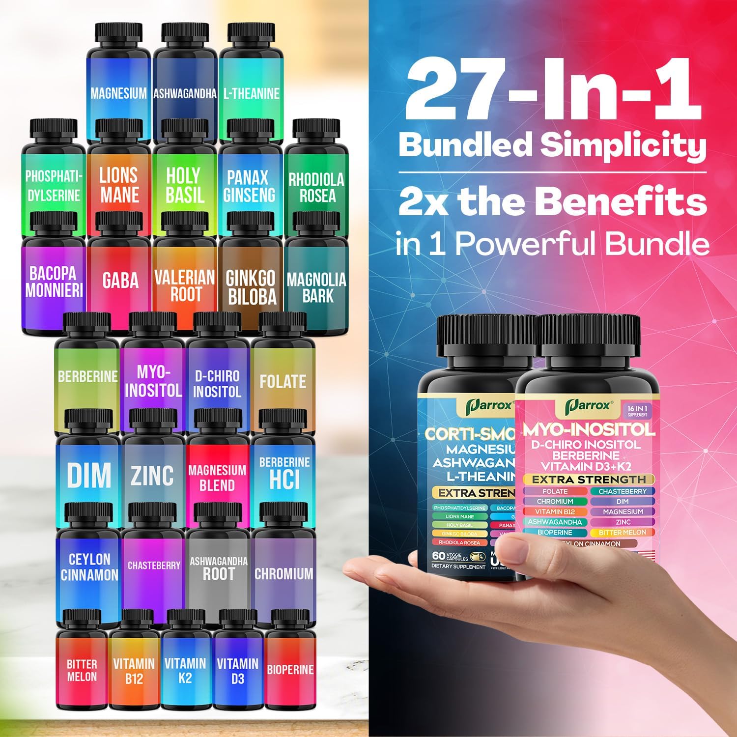 Cortisol & Myo-Inositol Supplement Bundle, Soothe & Smooth Bundle, 13-in-1 Cortisol Balance, Magnesium, Ashwagandha, L-Theanine, D-Chiro Inositol, Folate, Berberine, Chasteberry (150 Capsules) - Image 4