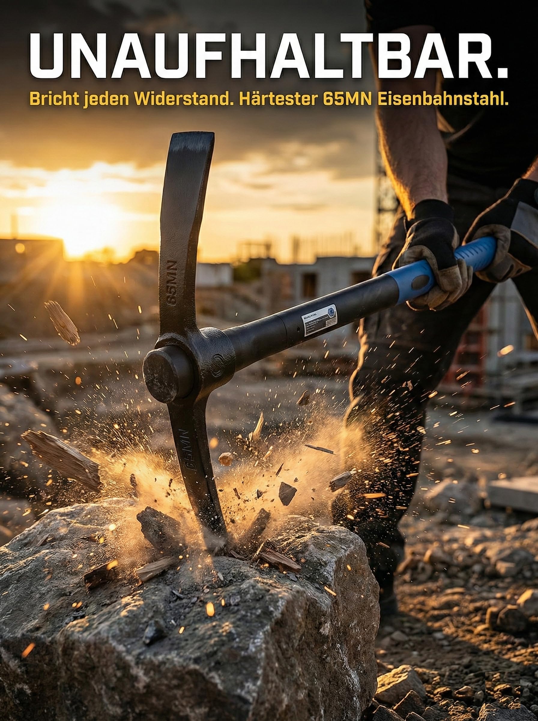Kreuzhacke 1,5 kg mit Fiberglasstiel (90 cm) – Robuster 65MN Stahlkopf – Ergonomisch, rutschfest & Bruchsicher – Profi Garten- & Bauwerkzeug für Harte Erdarbeiten