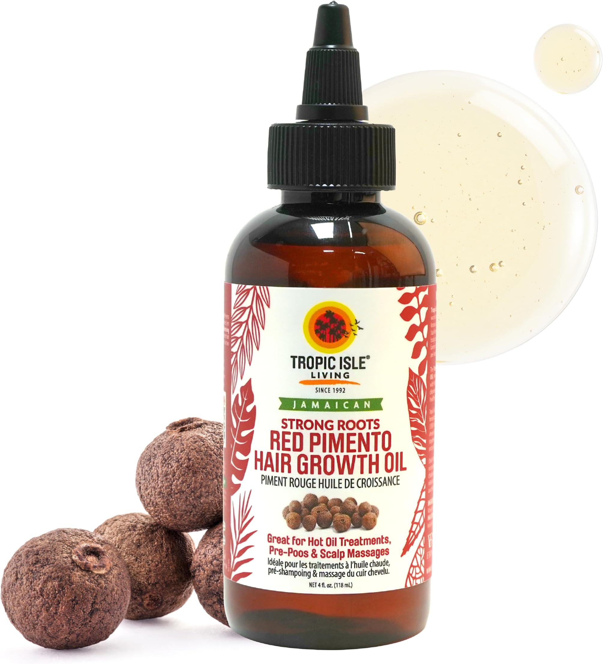 Tropical Isle Living Strong Roots Red Pimento Hair Growth Oil 4oz - Natural Moisturizing Treatment for Itchy, Dry Scalp and Promote Hair Growth, Prevent Dundruffs with Jamaican Black Castor Oil