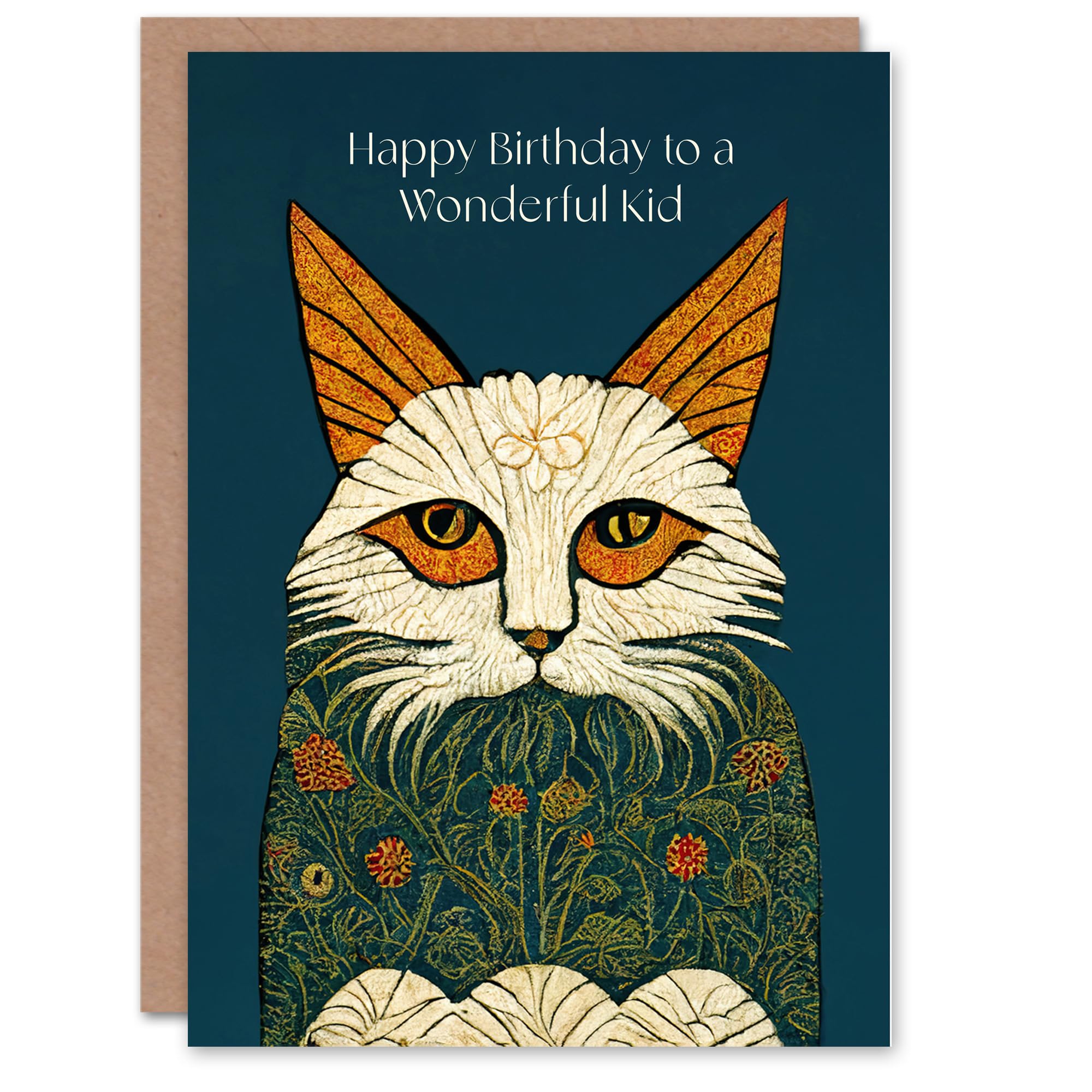 Artery8 Happy Birthday to a Wonderful Kid Medieval Art Flower Cat Lover Non Binary Gender Neutral Card