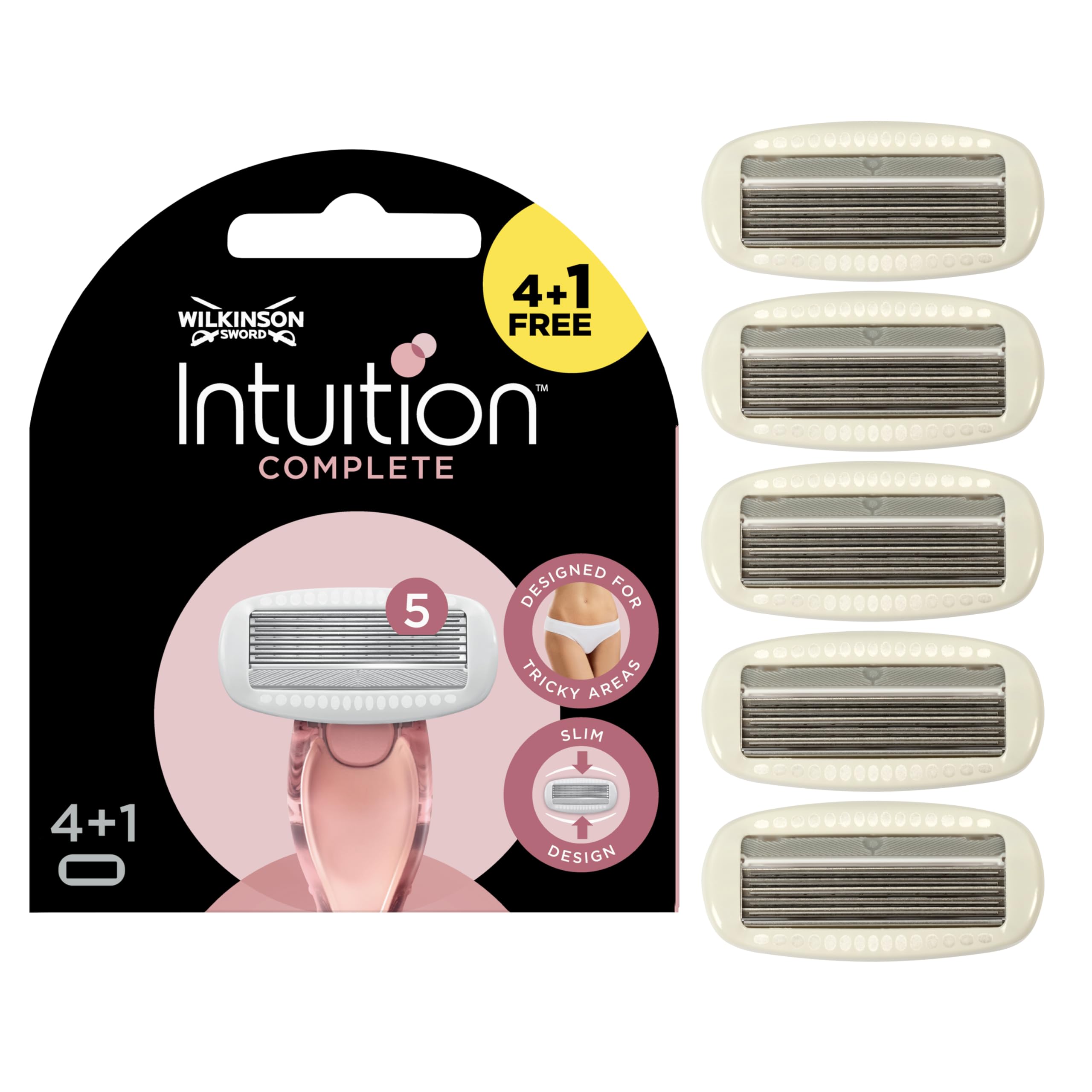 Wilkinson Sword - Intuition Complete Rasierer für Frauen, 4 + 1 gratis Ersatzklingen, Skin-Protect-Gel für sanftes Gleiten