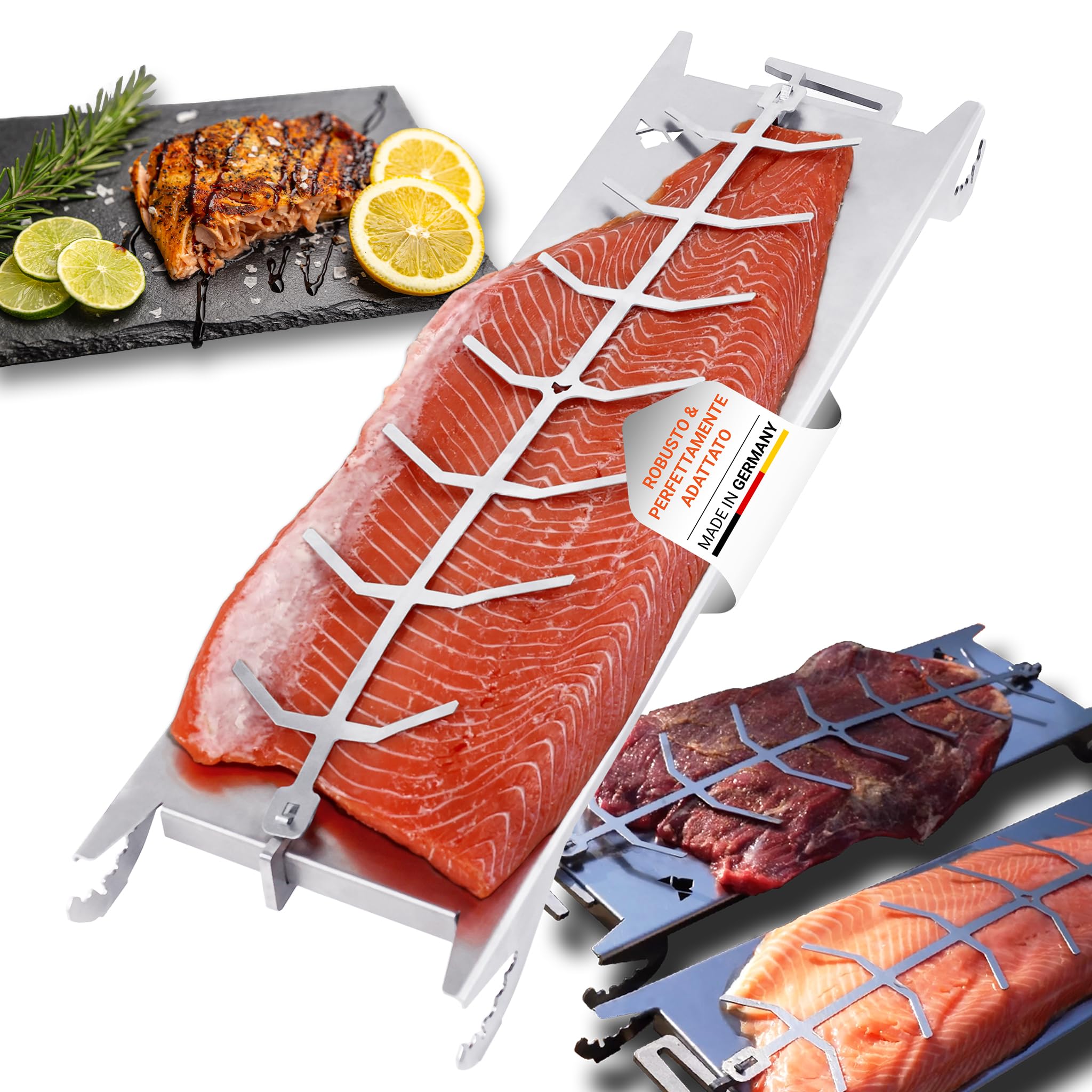 FENNEK Supporto per Salmone in Acciaio Inox per braciere e Barbecue a Sfera, con Speciale meccanismo di serraggio, Perfetta Alternativa al Tagliere per Salmone di Fiamma, Made in Germany