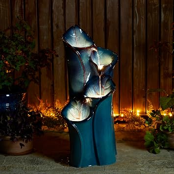 Glitzhome 31.25 H Outdoor Water Fountain with LED Lights and Pump, 4 Tier Turquoise Lotus Leaf Textured Ceramic Floor Standing Fountain, Vase Waterfall Fountains for Porch Deck Garden Patio Backyard