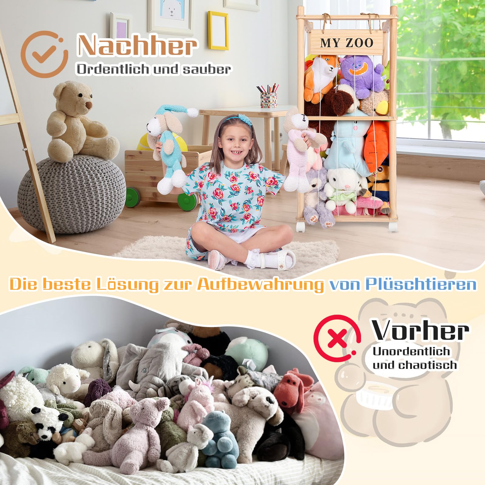 Massivholz Kuscheltier Aufbewahrung mit 360° Rollen & Bremse – inkl. Baumwollnetz, Plüschtier Organizer für Kinderzimmer, Spielzimmer & Wohnzimmer(Burlywood, klein)
