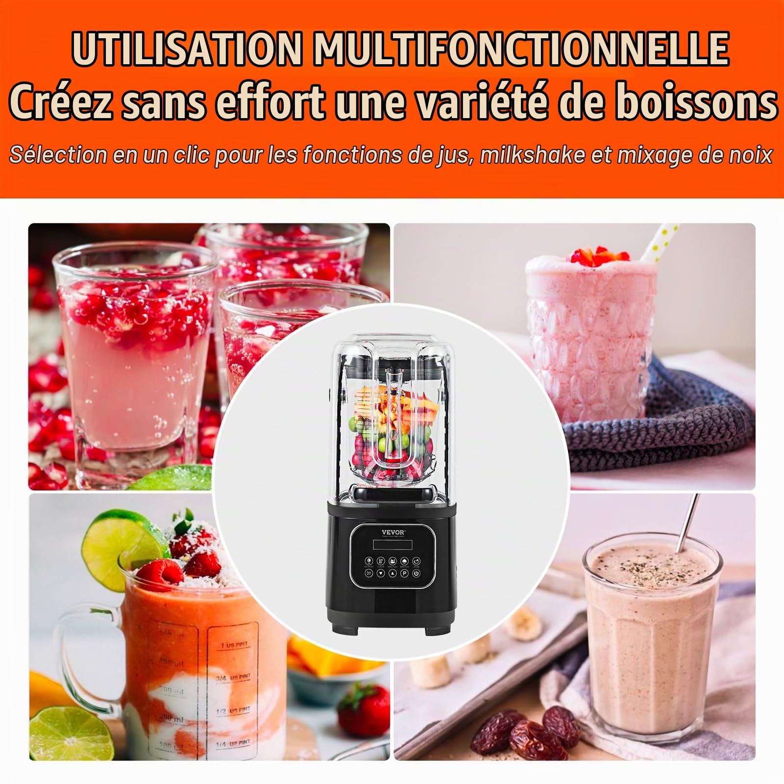VEVOR Mixeur Professionnel 2 L, Blender Électrique de Comptoir, Mélangeur Multifonctionnel avec Bouclier et Bol en Plastique, 9 Vitesses et 5 Fonctions, pour Boissons Glacées Milk-shakes Smoothies