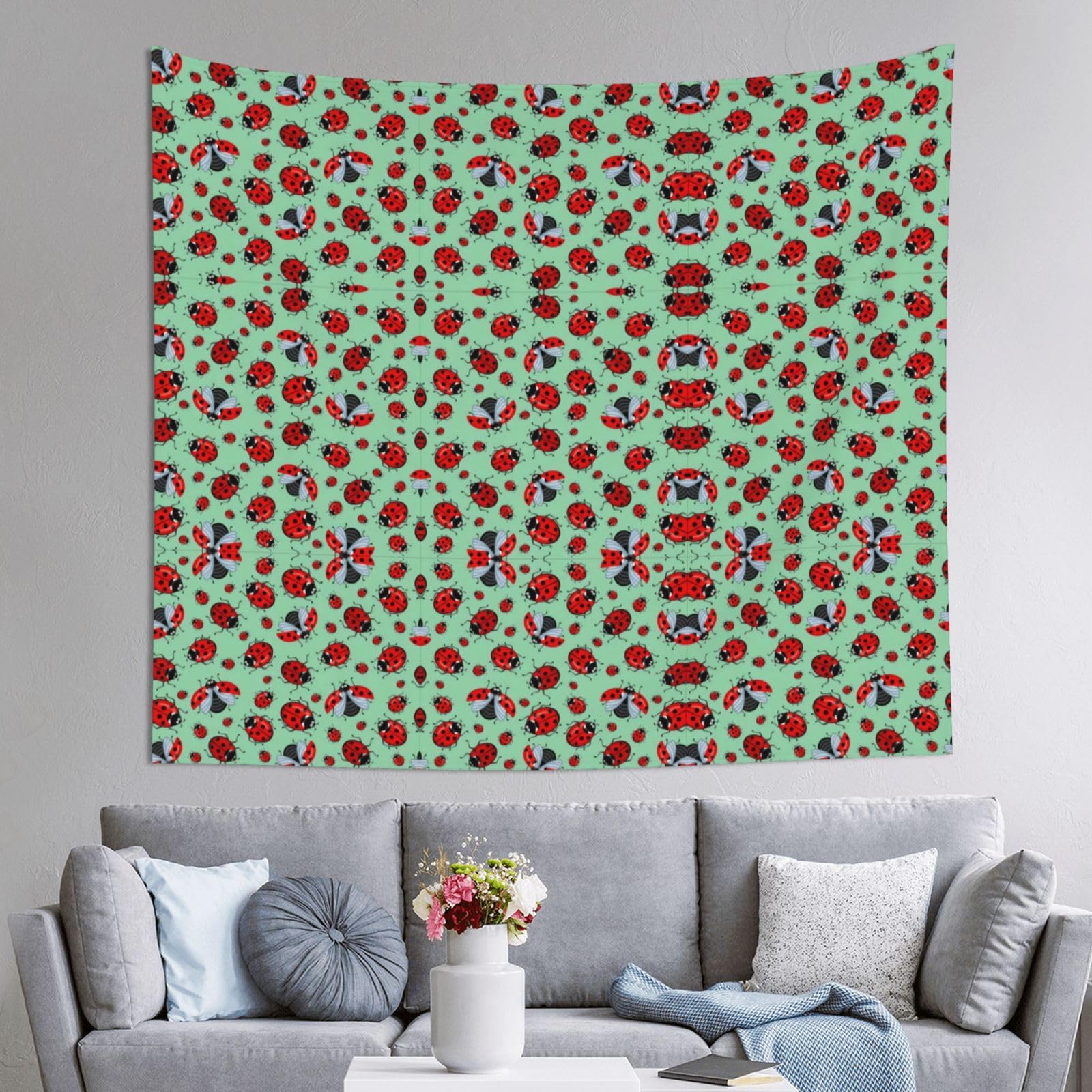 HLSBSSL 60x51in Red Ladybugs On A Blue Background Printed Tapestry Tablecloth for Dormitory and Picnic Rooms - Multifunctional Fabric Hanging