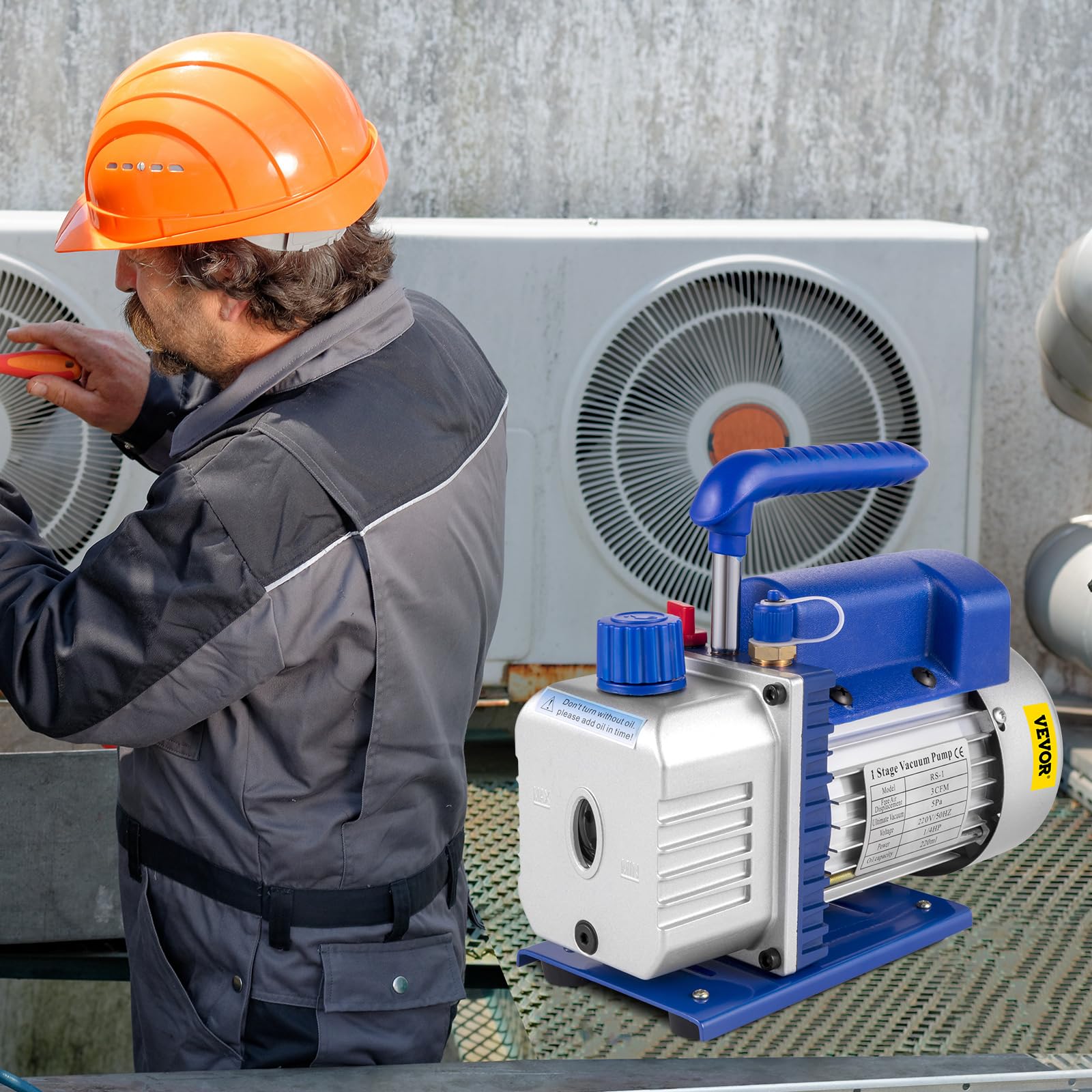 Mophorn 3CFM Pompa per Vuoto, 1/4 HP 85 Lt/min Pompa per Vuoto Frigorista HVAC Set di Misuratore di Collettore CA/CC, Pompa a Vuoto Aria Condizionata a 1 Stadio per Refrigerante e Degasaggio
