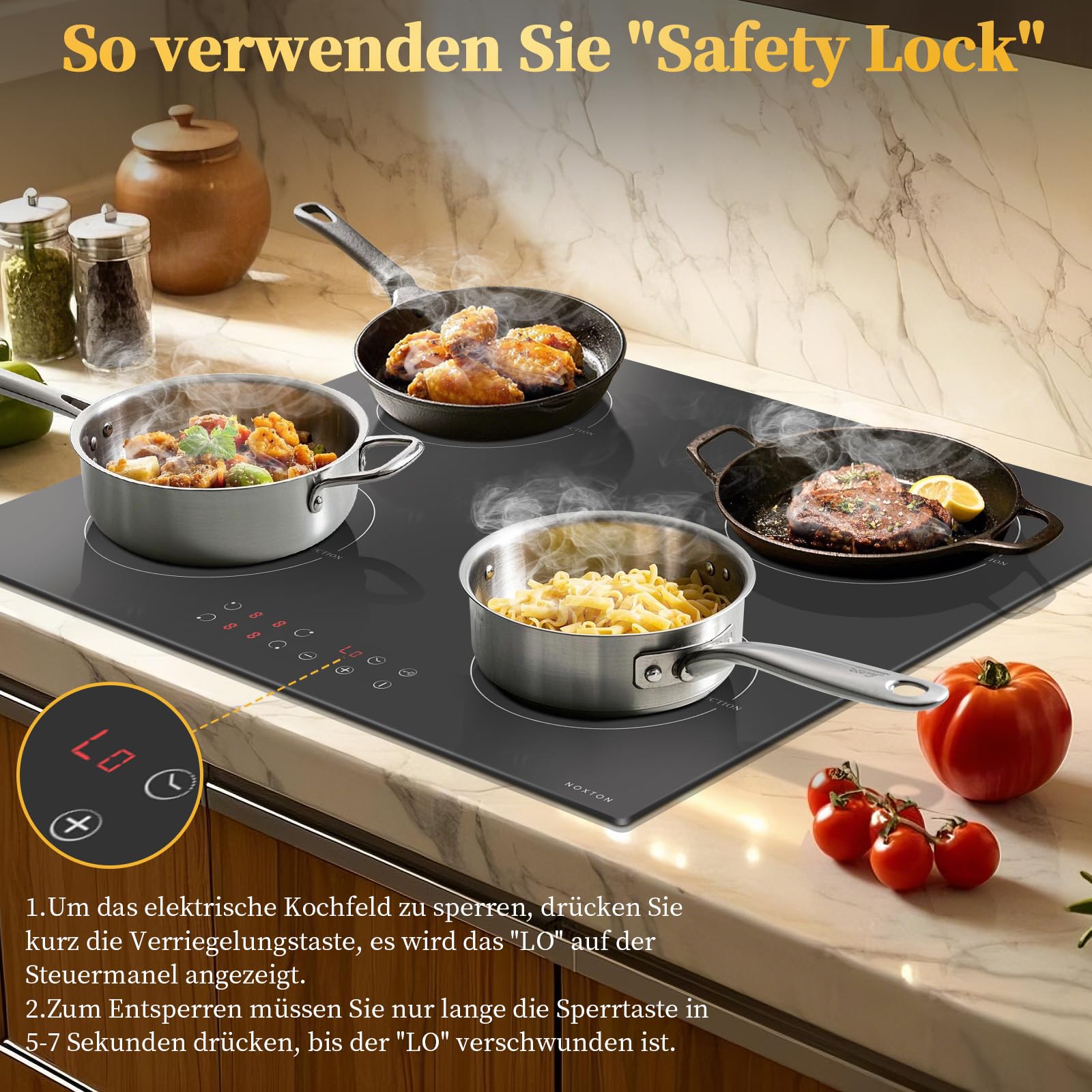 NOXTON Induktionskochfeld 60 cm 4 Platten 3500W Touch Timer Kindersicherung