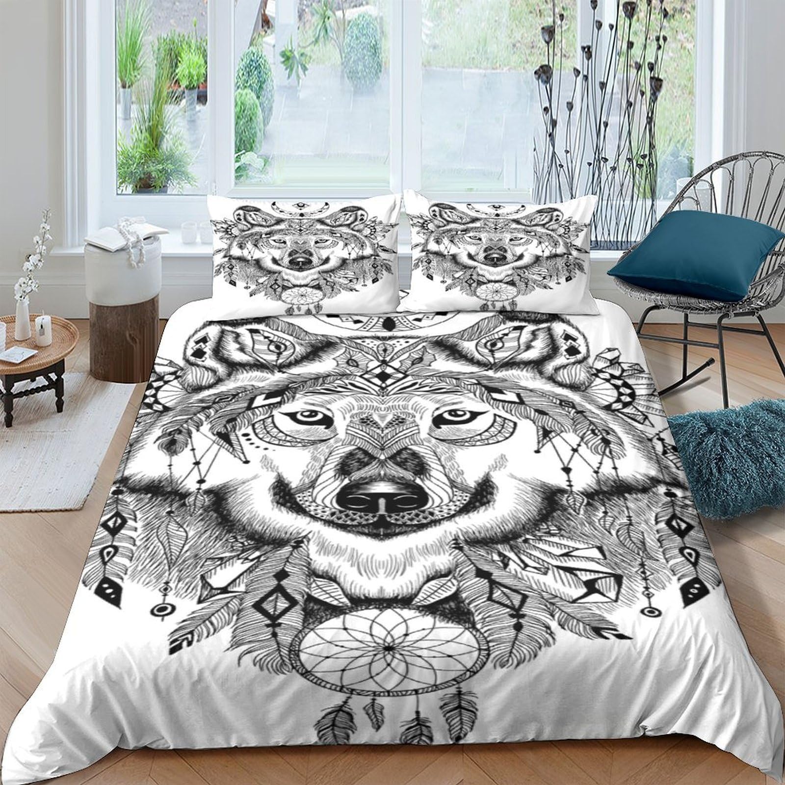 Ctjqhvkz Style-8 3D Printed Wolf Dreamcatcher Fitted Sheet Microfiber Soft Black White Tribal Art Bed Cover For Bedroom Dorm Mattress Protection Decor Single（135X200cm）
