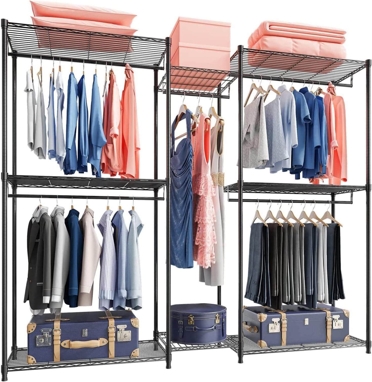 RaybeeClothes Rack 900 LBS Heavy Duty Clothing Racks for Hanging Clothes Metal Portable and Sturdy, 5 Hanging Rods 74.8”Wx17.7”Dx76.8”H Black