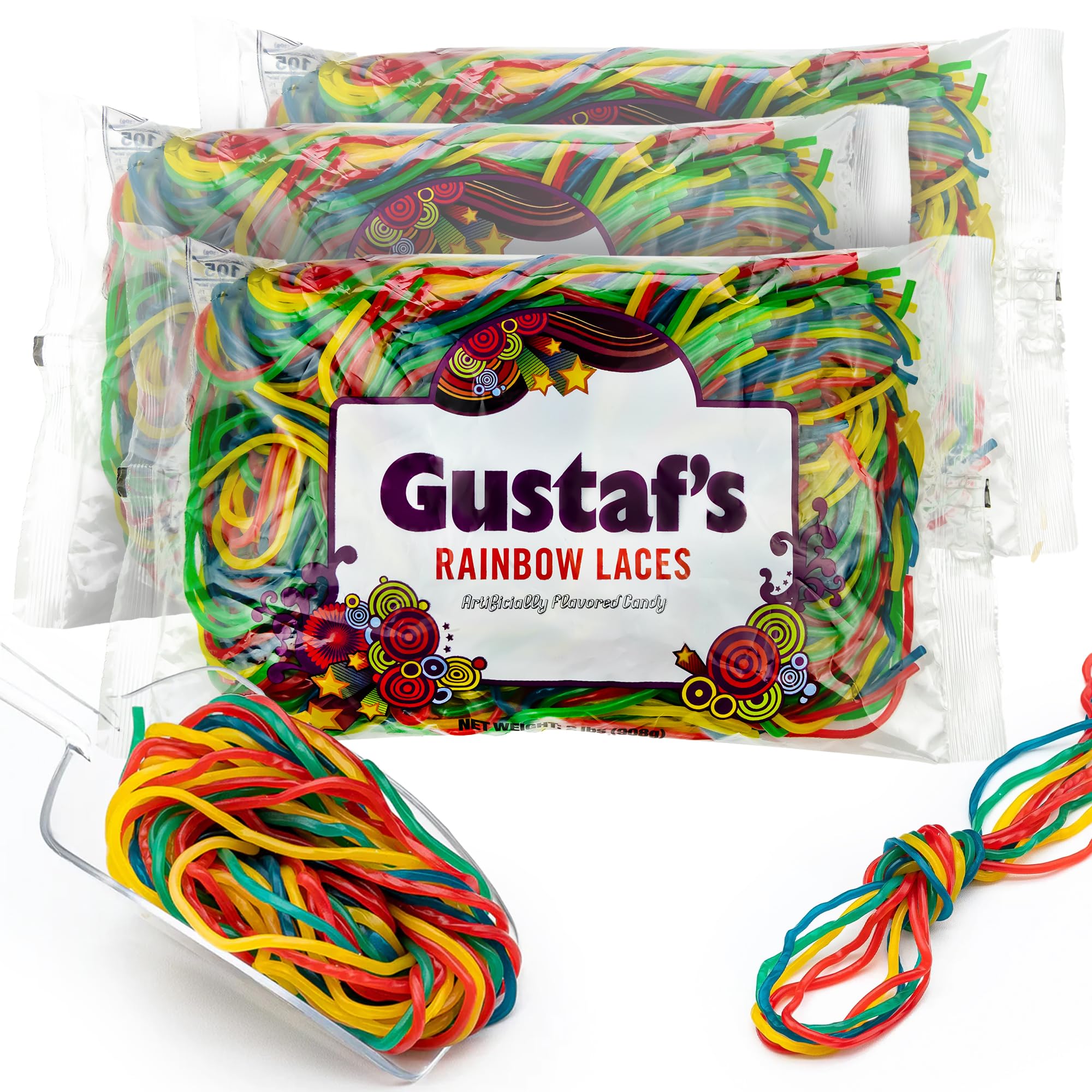 Gustaf's Rainbow Laces, 2lb Bulk Bags (Pack of 3), Fun Colorful Laces for Candy Dishes, Parties & Decoration.
