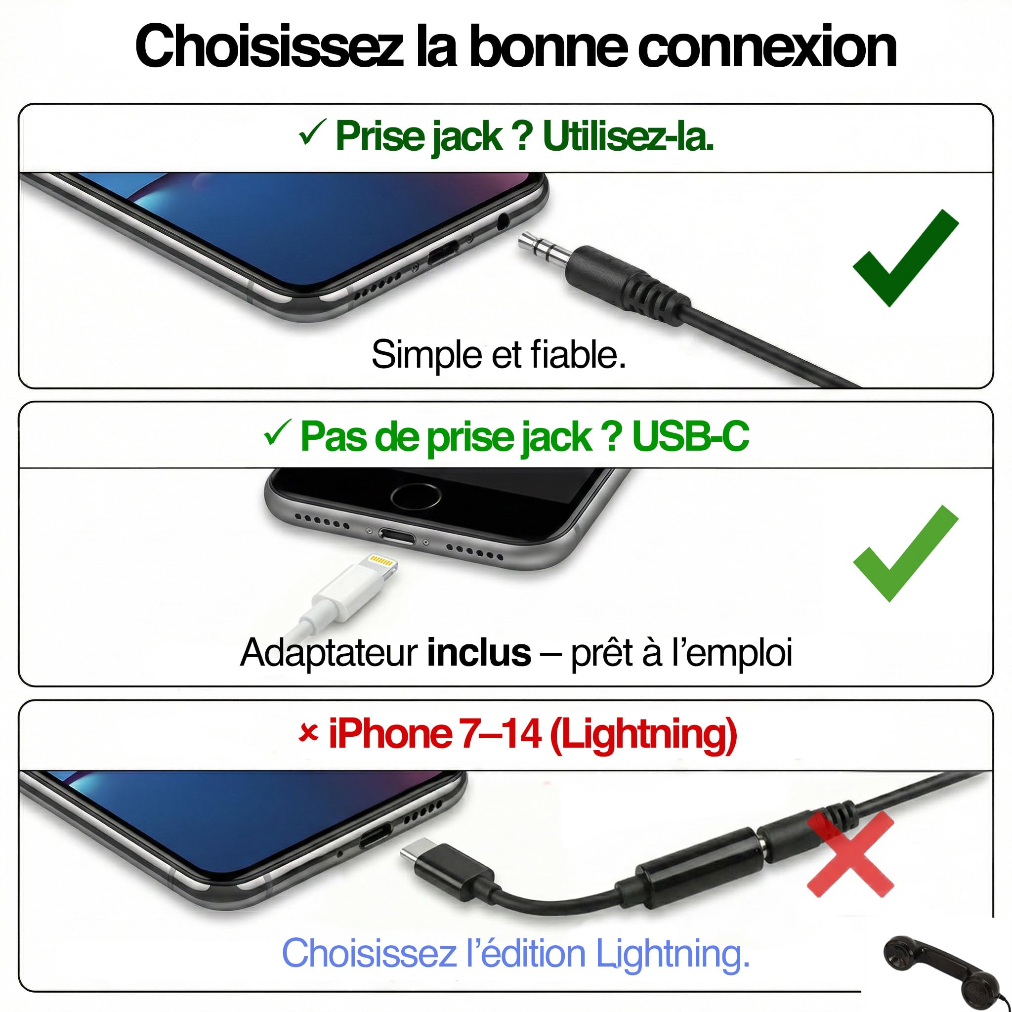 Opis Technology 60s Micro – Combiné Téléphone Portable Rétro pour Smartphone (USB-C + Jack 3,5 mm) – Compatible iPhone 15+, Android, PC – Adaptateur Inclus (Noir) - 4