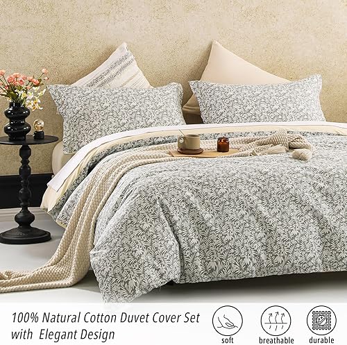 Miniatura 9 de Juego de funda de edredón floral de 3 piezas, 100 % algodón natural, funda de edredón blanca con patrón de flores y ramas de lujo gris, juegos de