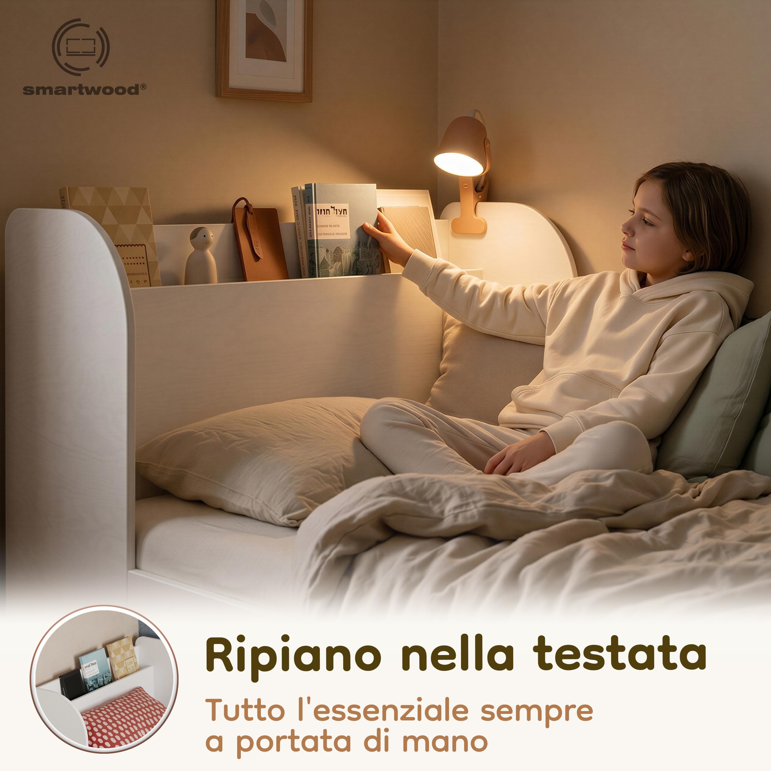 smartwood Letto Bambino 90x200 cm con Cassetto, in Legno, Bianco, Flou D | incl. Cassetto, Testiera con Ripiano, Rete fino a 230 kg, in Legno di Pino FSC, Letto per Ragazze & Ragazzi dai 3 anni