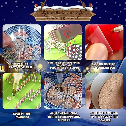 Miniatura 3 de Suministros de posavasos de pintura de diamantes de Navidad, 8 posavasos de Navidad con soporte, kits de arte para árbol de Navidad, Papá Noel,