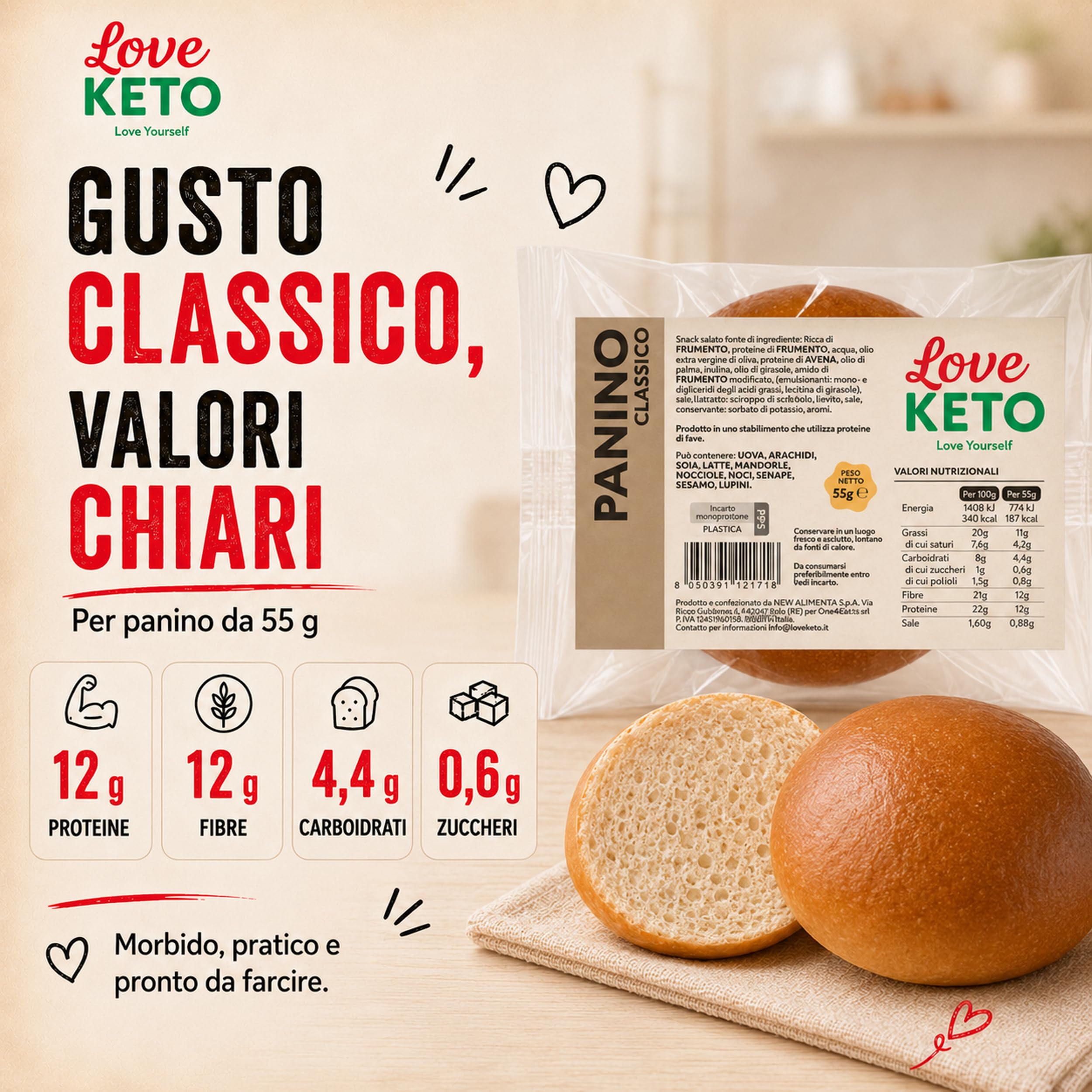 Pane keto proteico Low Carb, 30 Panini Keto da 55 g - Made in Italy