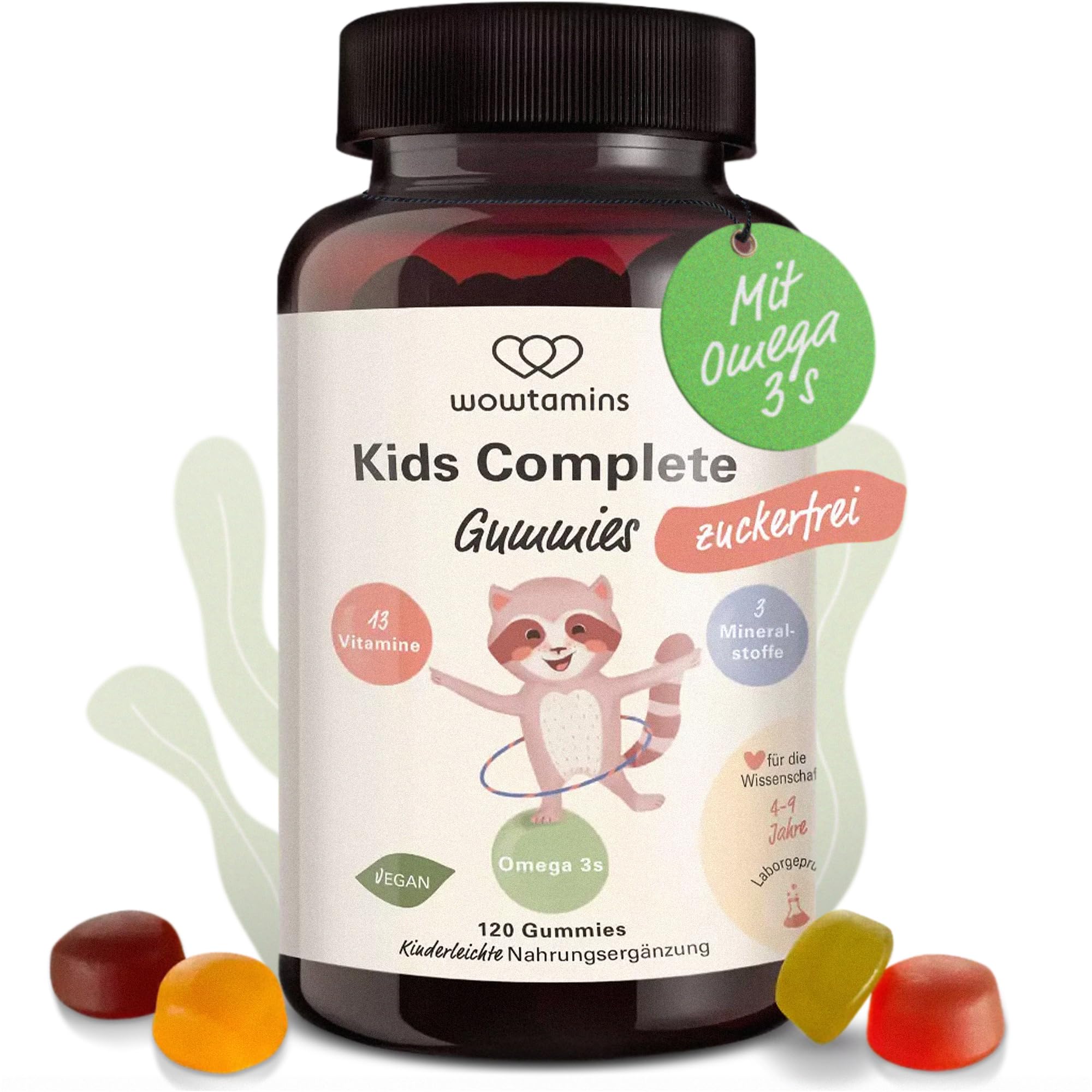 wowtamins Kids Complete zuckerfrei - Vegane Multivitamin Gummies mit Omega 3 (30-Tage-Vorrat) - Vitamine für Kinder - Nahrungsergänzungsmittel für das Immunsystem mit Vitamin C, D3, B12, Zink & mehr