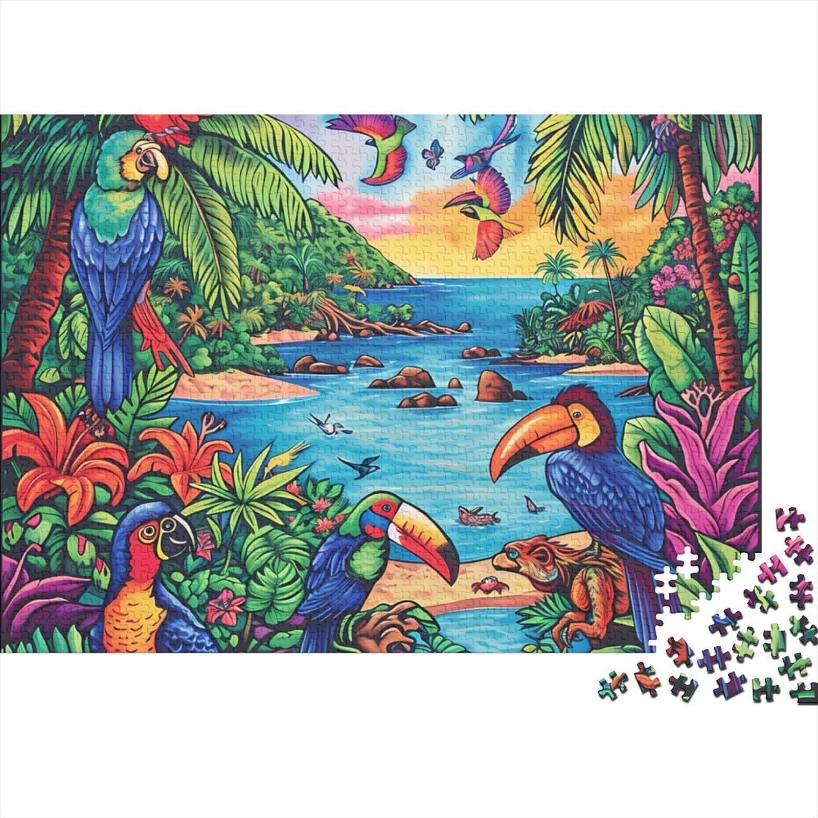 Tropical Birds 1000 Pcs 3-Layer Cardboard Colorful Jungle Art Puzzle, Hard Challenge, Stress Relief, Wall Decor & Couple Gift 70x50cm/1000pcs