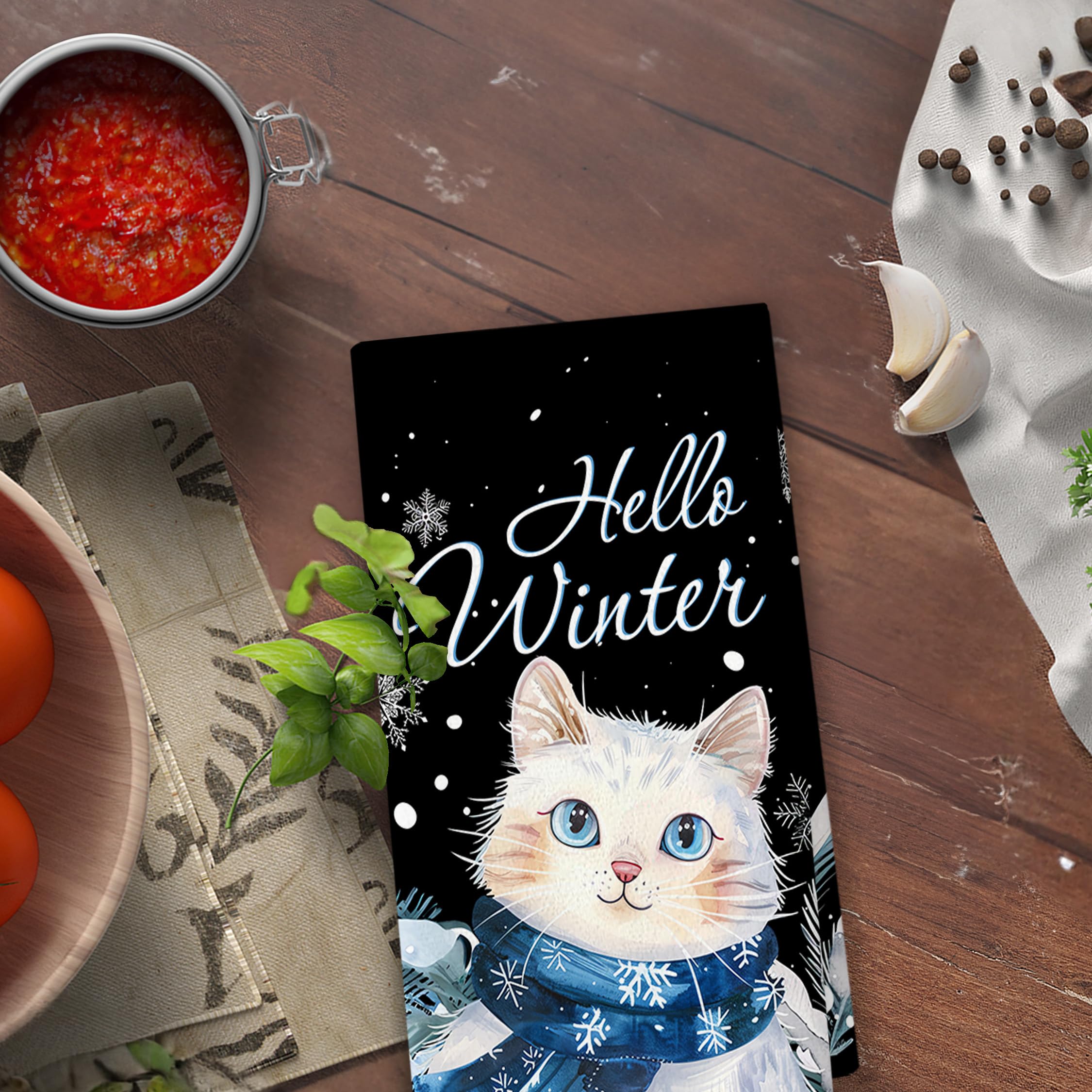 Toallas de cocina de invierno con diseño de gato – Hello Winter - Linda decoración de cocina de invierno, toallas de mano para amantes de los gatos, decoración de gatos de invierno, 16 x 24