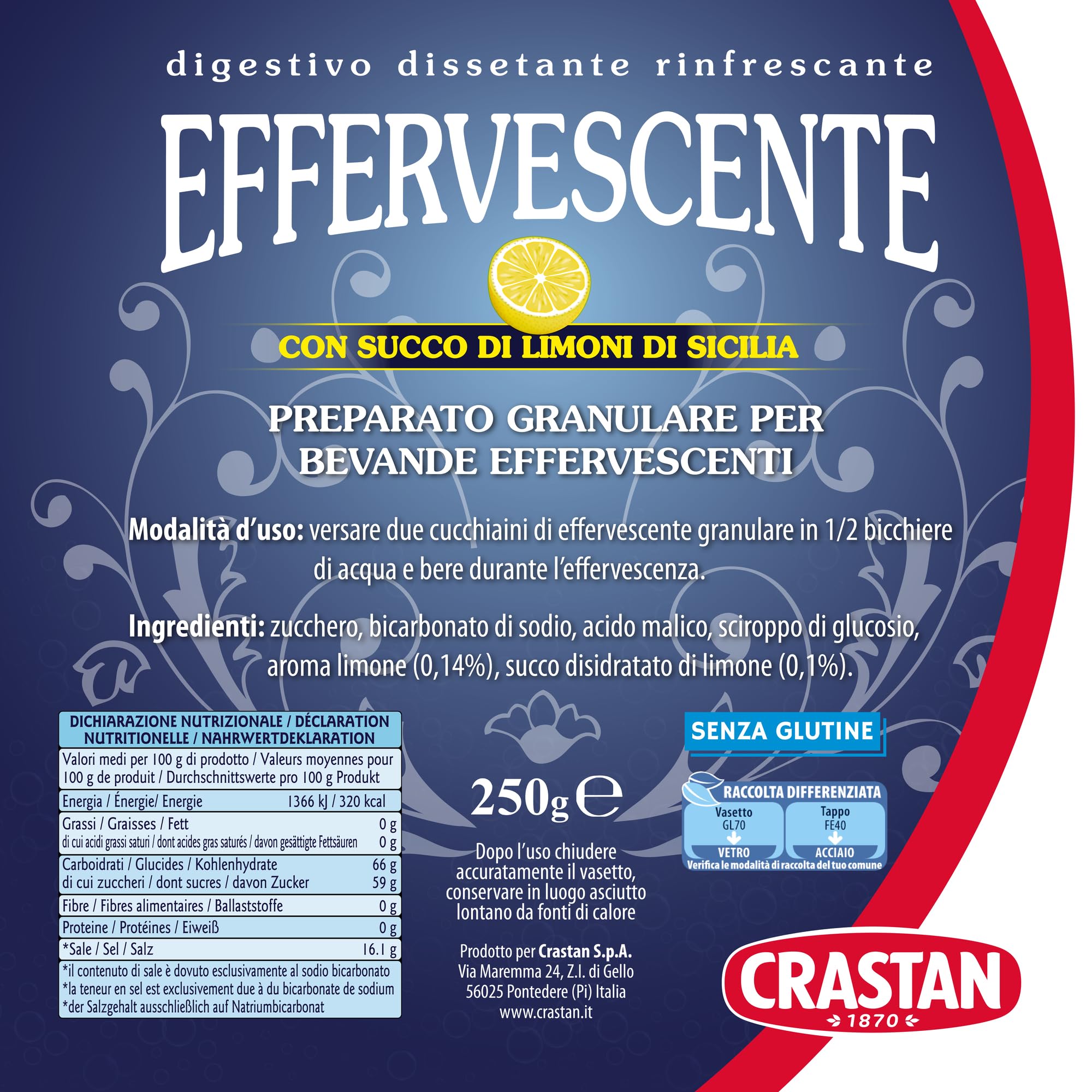 Crastan Preparato granulare per bevanda effervescente, con succo Limone - 12 vasetti da 250g [tot. 3kg]