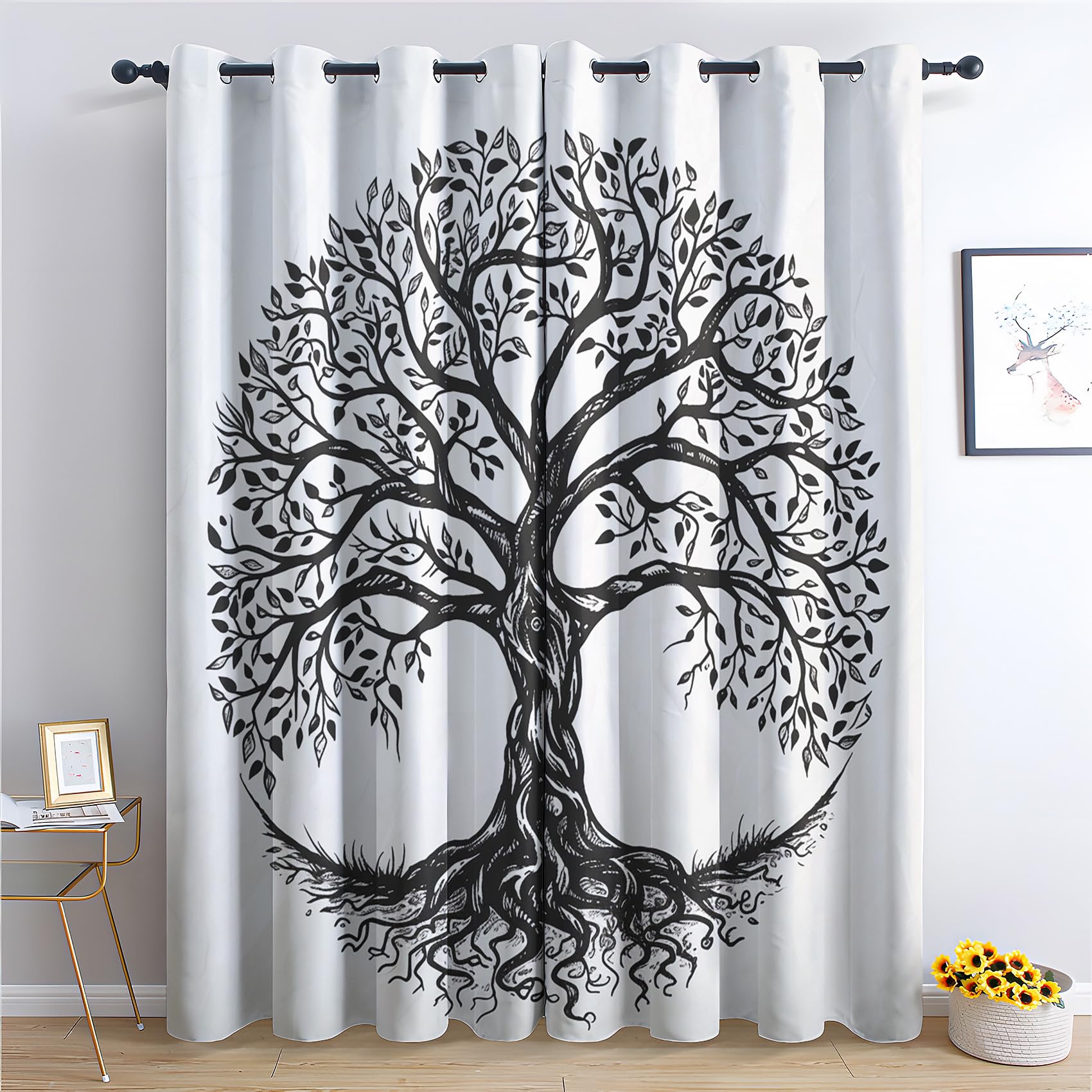 Rideau Occultant Arbre De Vie, Arbre Noir Et Blanc Motif Rideaux Thermiques à Oeillets, Rideaux Imprimé pour Salon Chambre Fenetre Moderne Décoration, 140x200 cm (L x H), Lot de 2