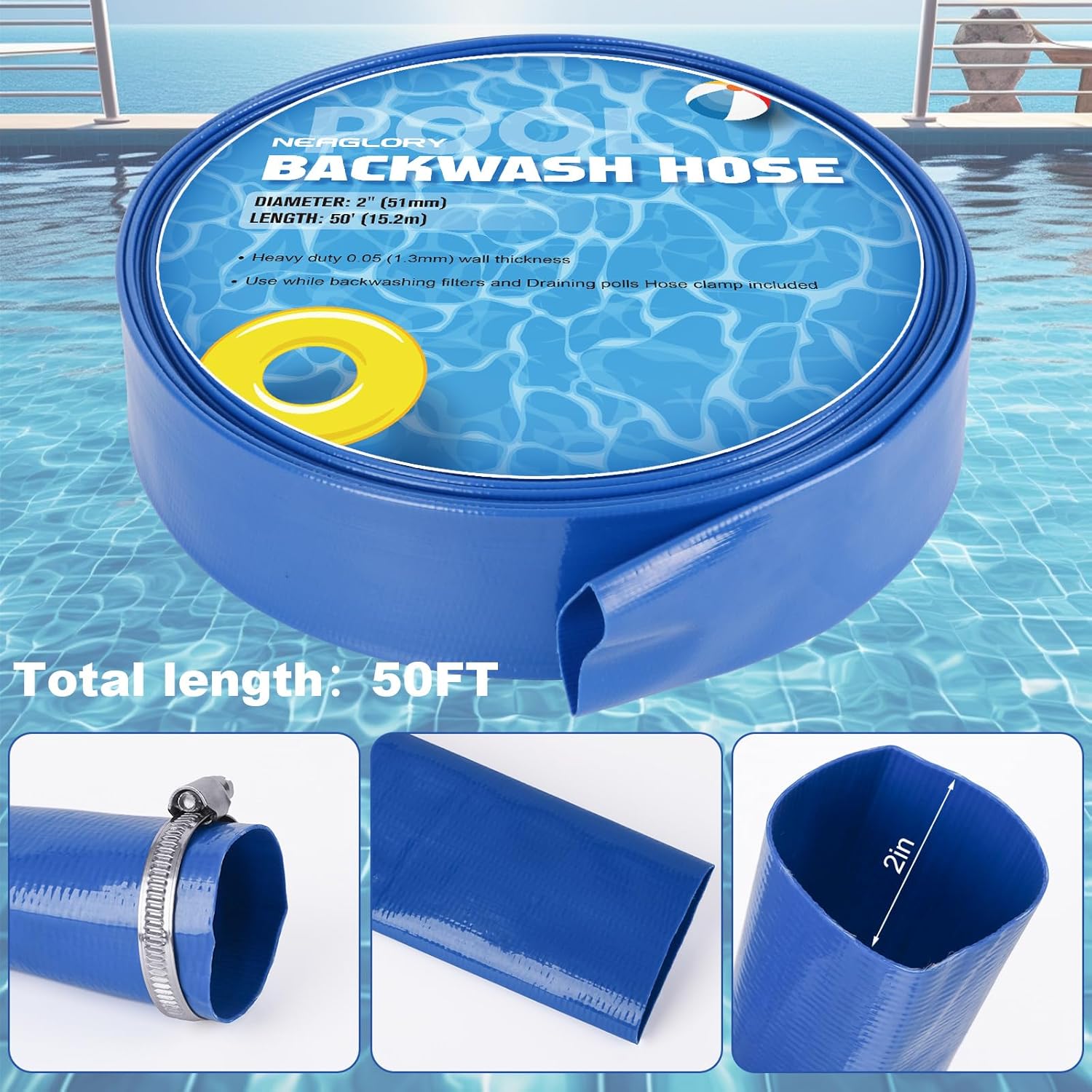 NEAGLORY 2" x 50 FT Pool Backwash Hose, Heavy Duty Flat Sump Pump Hose, Reinforced Discharge Hose with Clamp, Weather and Burst Resistant, Drain Clean Swimming Pools and Filters for Inground Pools