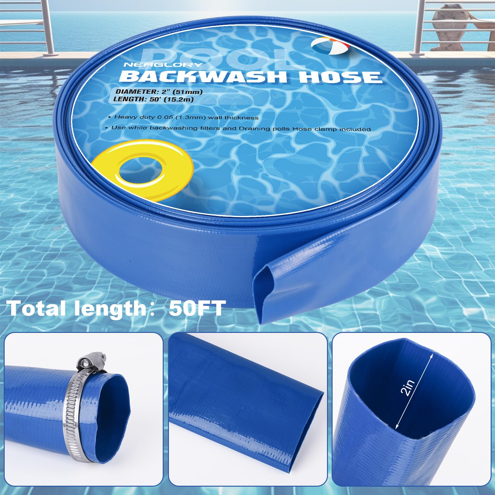 Manguera de retrolavado de piscina de 2 pulgadas x 50 pies, manguera de bomba de sumidero plana resistente, manguera de descarga reforzada con abrazadera, resistente a la intemperie y a las