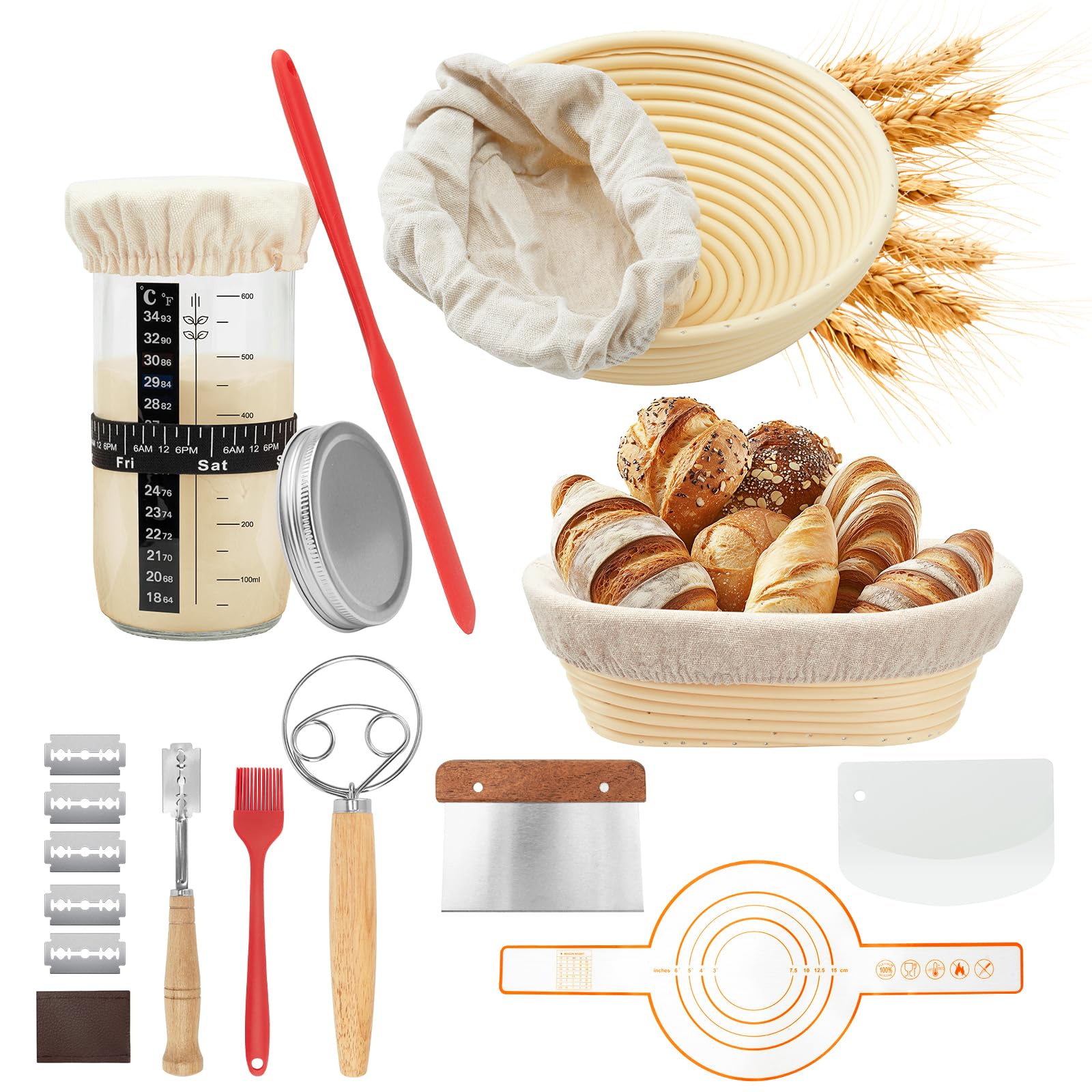 LZRBUBO Gärkorb brot Set 10-Teiliges,Sauerteig Starter Set - Inkl. 2 brot Gärkörbchen(23cm Runde und 25cm Ovale),730ml Gärglas, brot backen zubehör-Komplettset Sourdough Starter Kit für Einsteiger