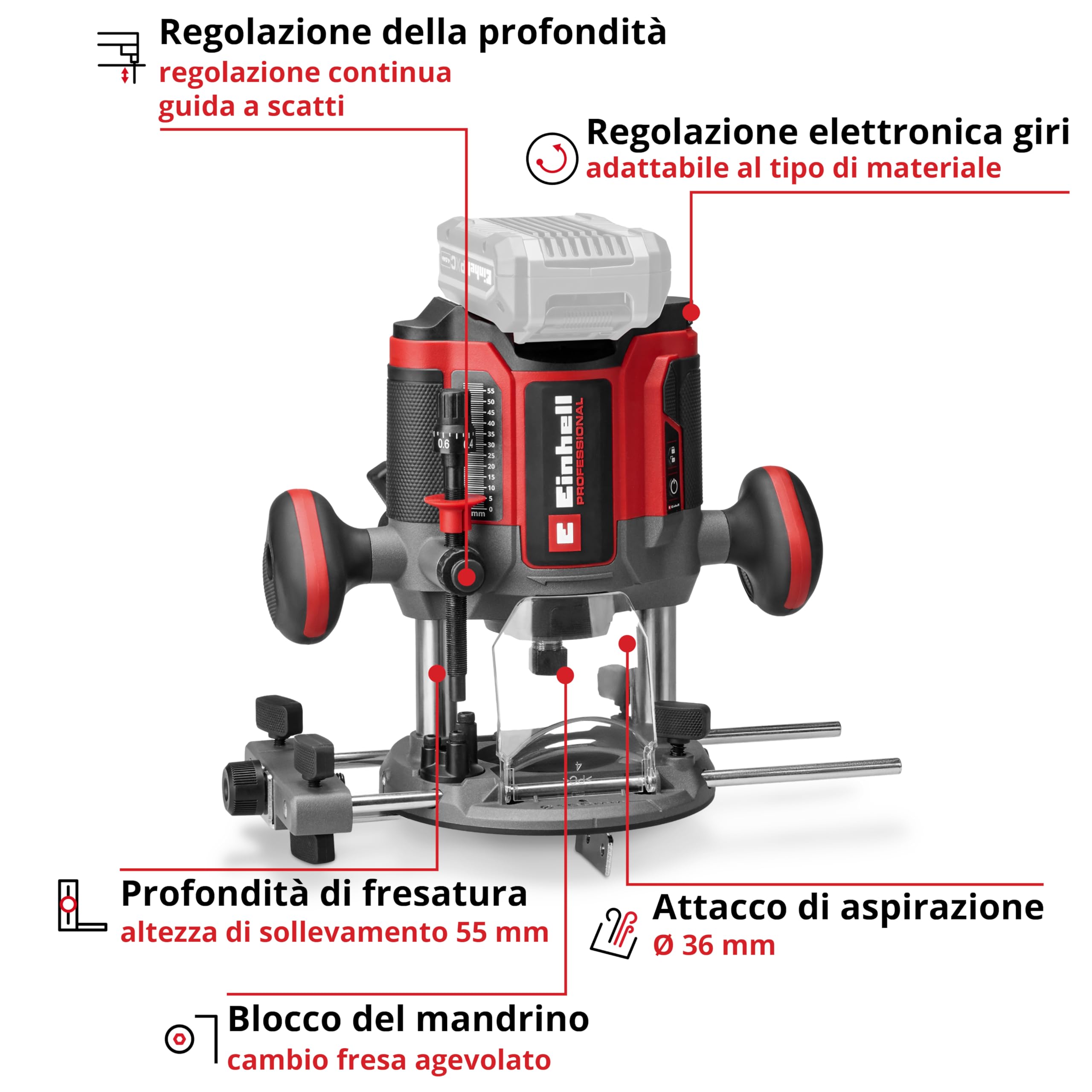 Fresatrice verticale Professional TP-RO 18/55 Li BL - Solo Power X-Change (18 V, batterie ioni di litio, alt. di sollev. 55 mm, Brushless, incl. guida parallela, senza batteria e senza caricabatteria)