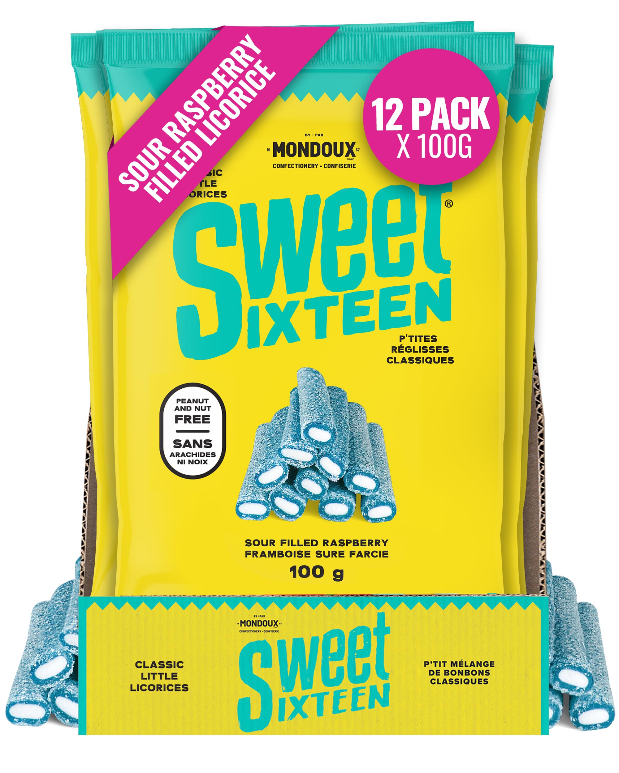 Sweet Sixteen Sour Raspberry Filled Licorice Candy – 12 Packs