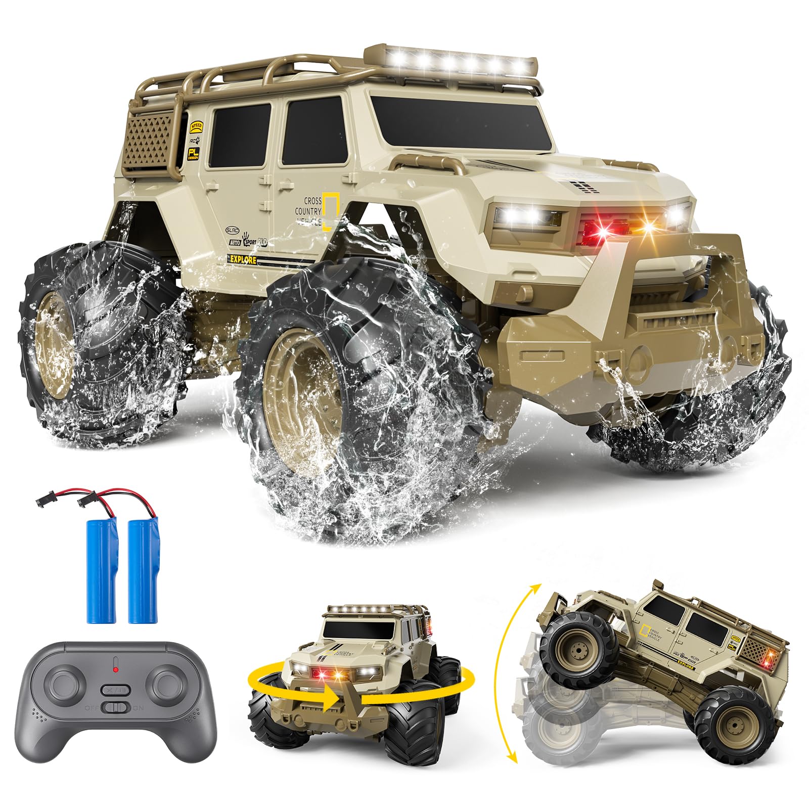 1:14 Coche Teledirigido, 2,4 GHz RC Monster Truck con Luces LED, 4 WD Todo Terreno Stunt Coche, Monster Truck Teledirigido Perfecto Regalo para Niños (Caqui)