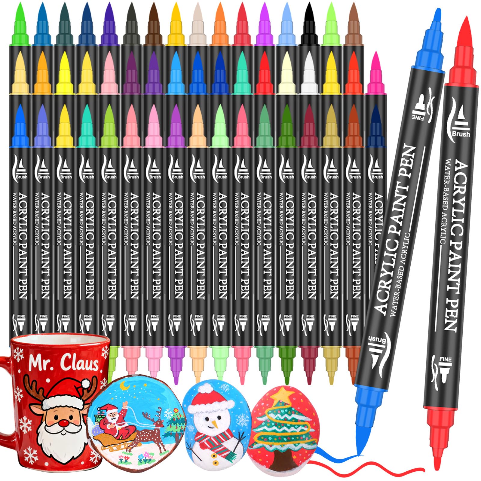50 Colours Dual Tip Acrylic Paint Pens Set Markers with Fine and Brush Tip, Premium Acrylic Pens for Rock Painting, Wood, Plastic, Fabric Painting and DIY Crafts