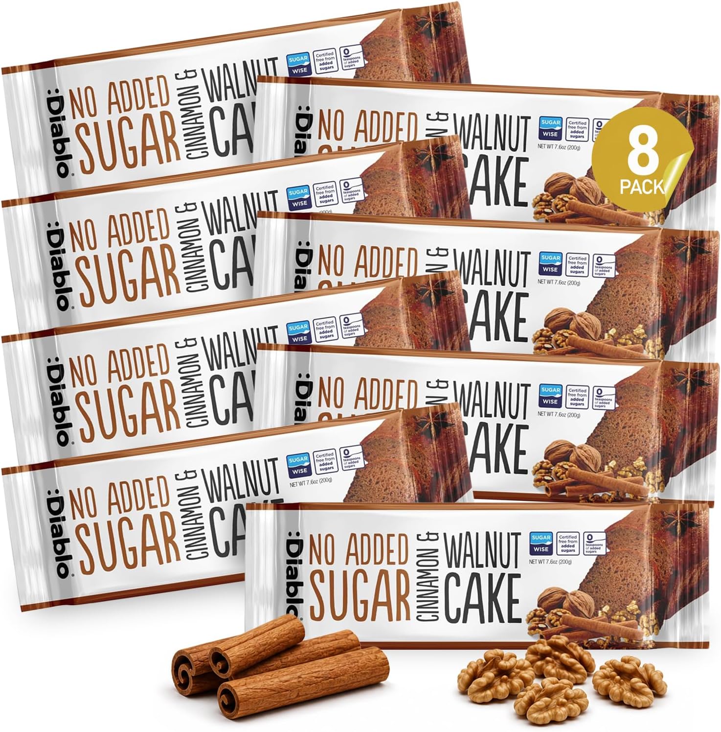 Diablo No Added Sugar Cinnamon & Walnut Cake – Healthy Snacks Sweet Treat, Cakes and Desserts for All, Ideal for Snack Time, Tea & Party Treat, Halal & Kosher Approved – 200g (Pack of 8)