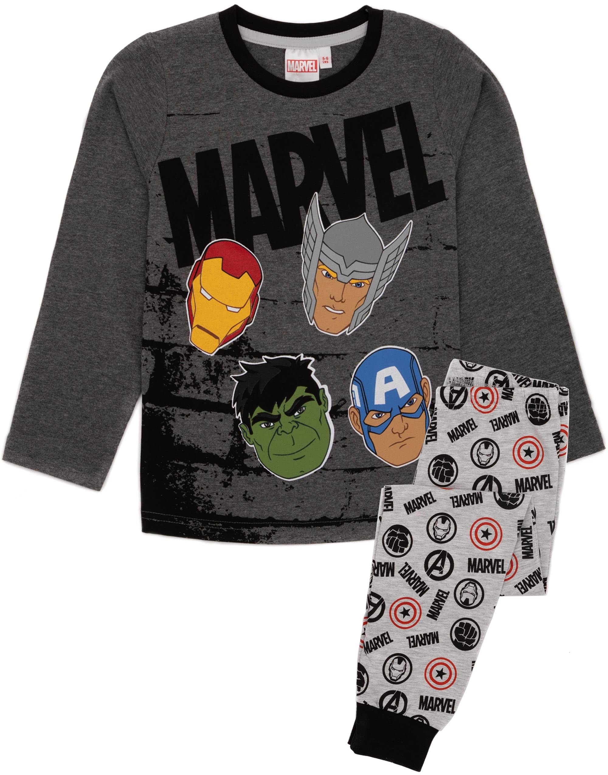 Marvel Avengers Boys Pyjama Set | Kids Grey Superhero Loungewear T-Shirt & Pants PJ Bundle | Iron Man Thor Hulk Captain America | Long Sleeve Tee Long Leg Bottoms Pajama | Nightwear Merchandise Gift