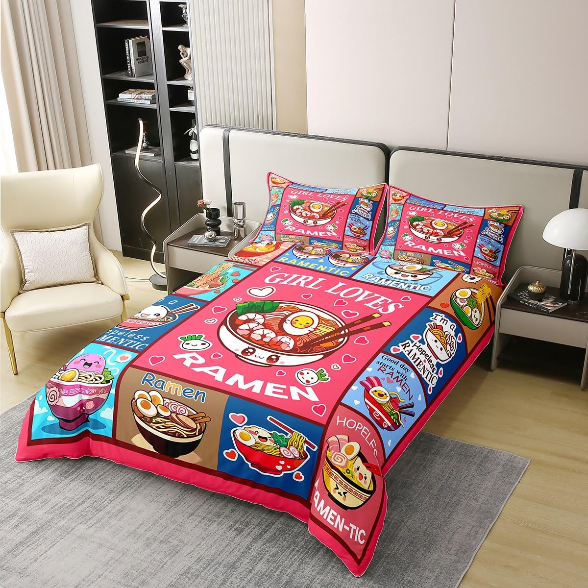 Loussiesd Ramen Baumwolle Bettwäsche Set 155x220cm Kinder Jungen Mädchen Ramen Suppe Bettbezug Ultra weiches Geschenk für Mädchen liebt Nudeln Betten Mädchen liebt Ramen Bettwäsche-Set Zimmer Dekor