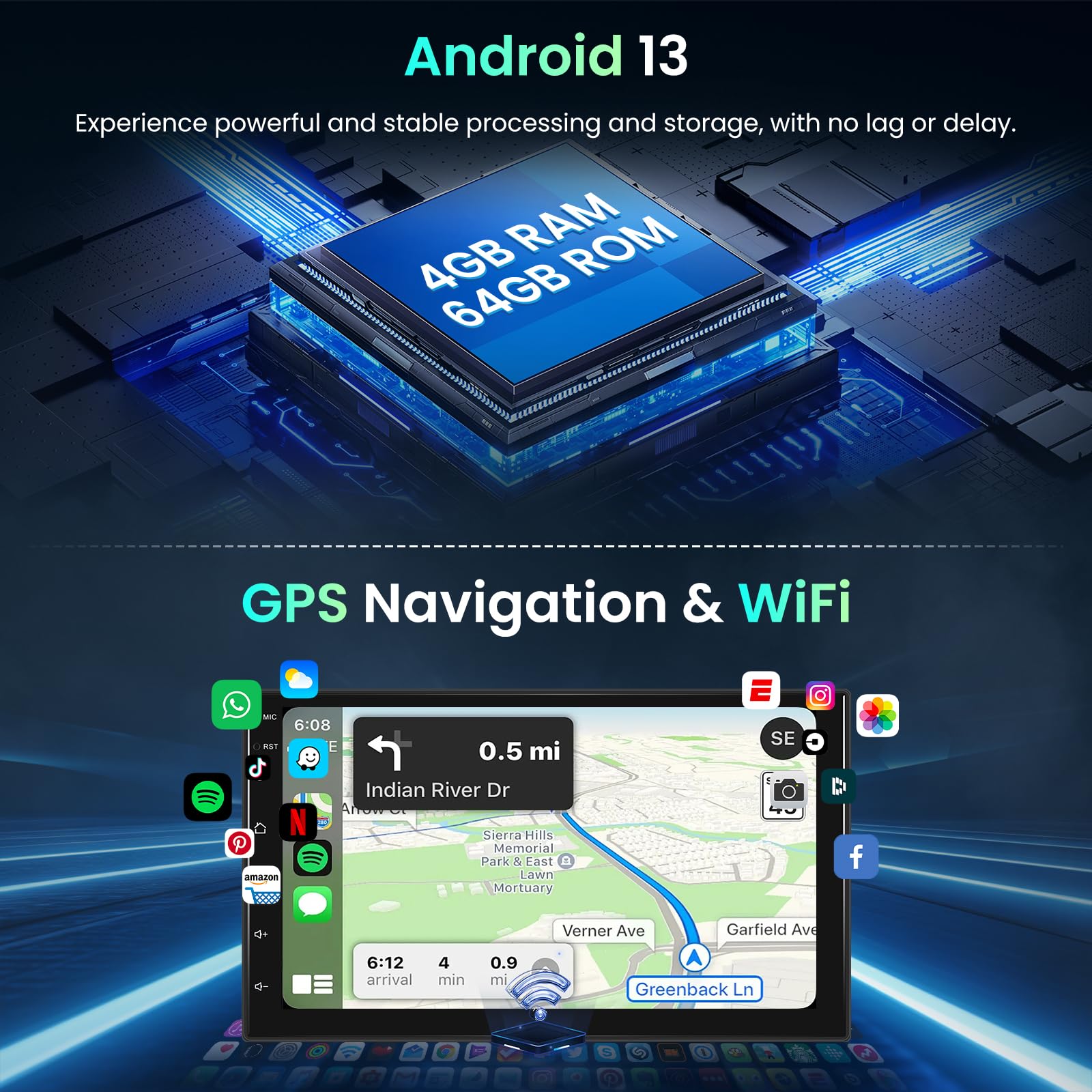 Hodozzy 4 GB + 64 GB Android 2 Din Radio samochodowe z funkcją Android Carplay Wireless Dual Din 7-calowy ekran dotykowy Radio Nawigacja samochodowa GPS WiFi Bluetooth DSP FM/RDS Radio USB/SWC + AHD