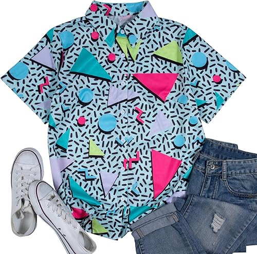 Miniatura 6 de Trajes de los años 80 y 90 para mujer, camisa de discoteca retro para fiesta temática de los años 80, camisa hawaiana de neón con botones y manga