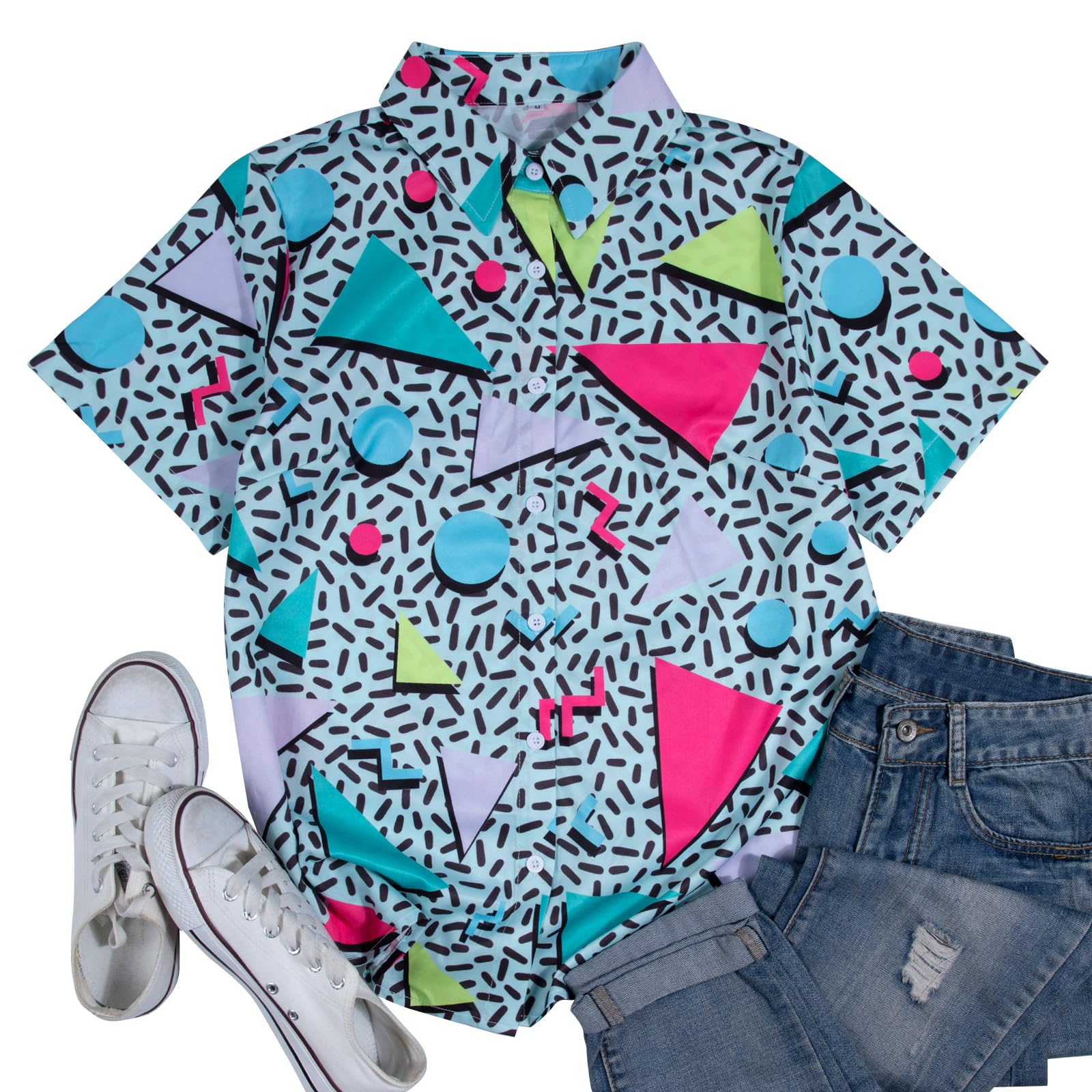 Atuendo de los años 80 y 90 para mujer, estilo retro de los años 80 y 90, camisa de discoteca, camisa hawaiana con botones, blusa de manga corta con botones, Verde claro, M