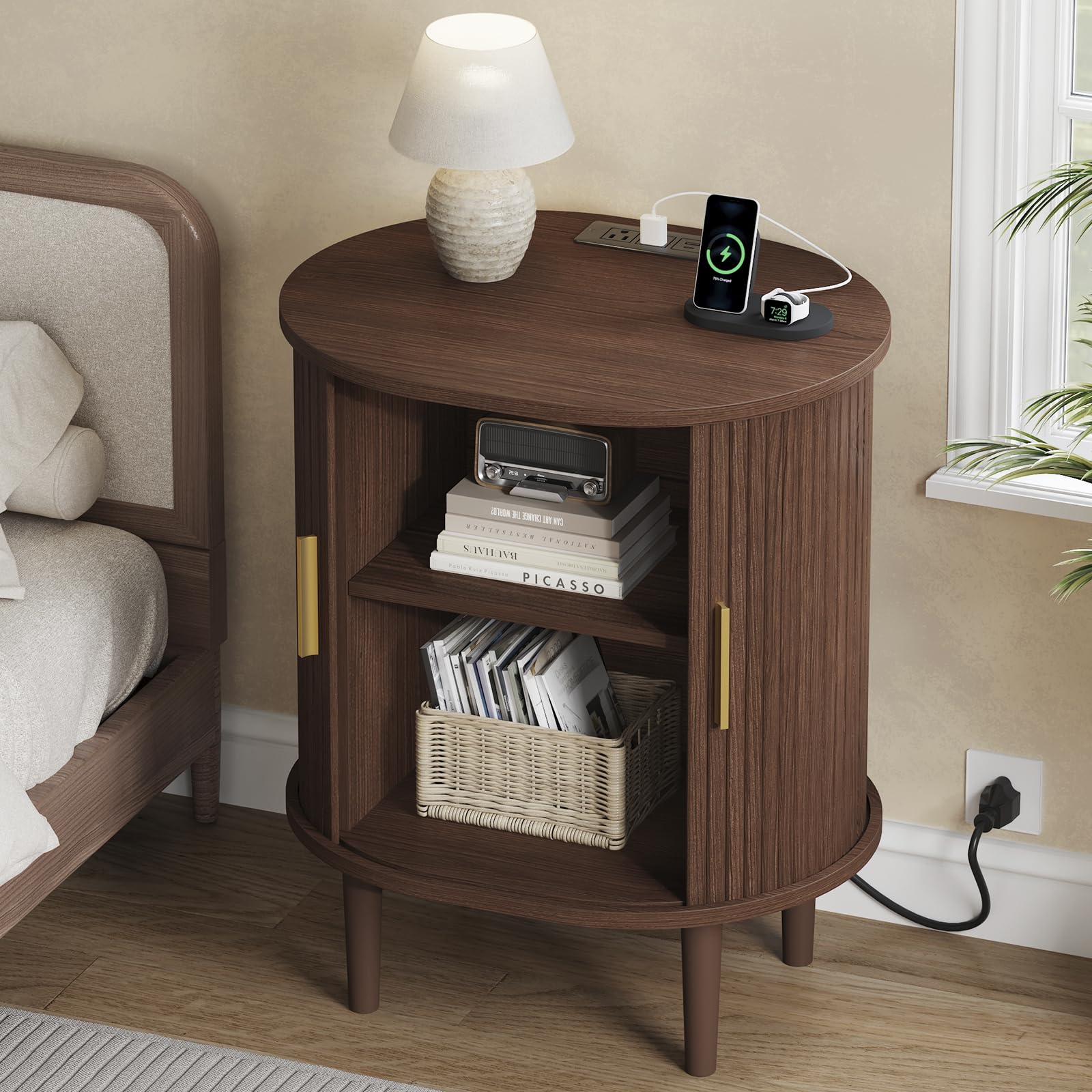 DHH Mid Century Modern Nightstand with Charging Station, Fluted Accent Side Table with Sliding Door &amp; Adjustable Shelf, End Table for Small Space, Living Room, Bedroom,Sofa Couch (1, Walnut)