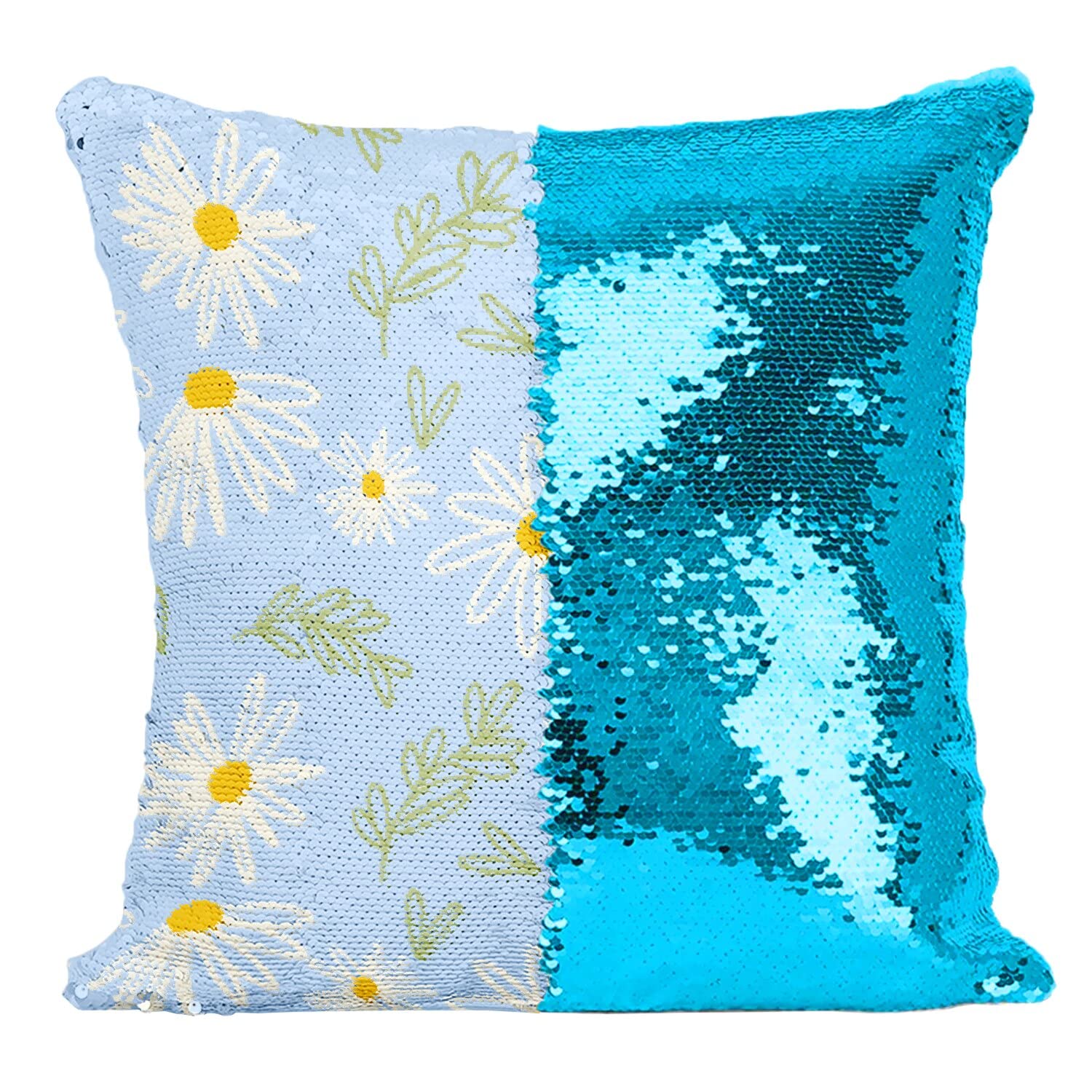 Coussin sequin turquoise marguerites pour un effet bicolore reversible