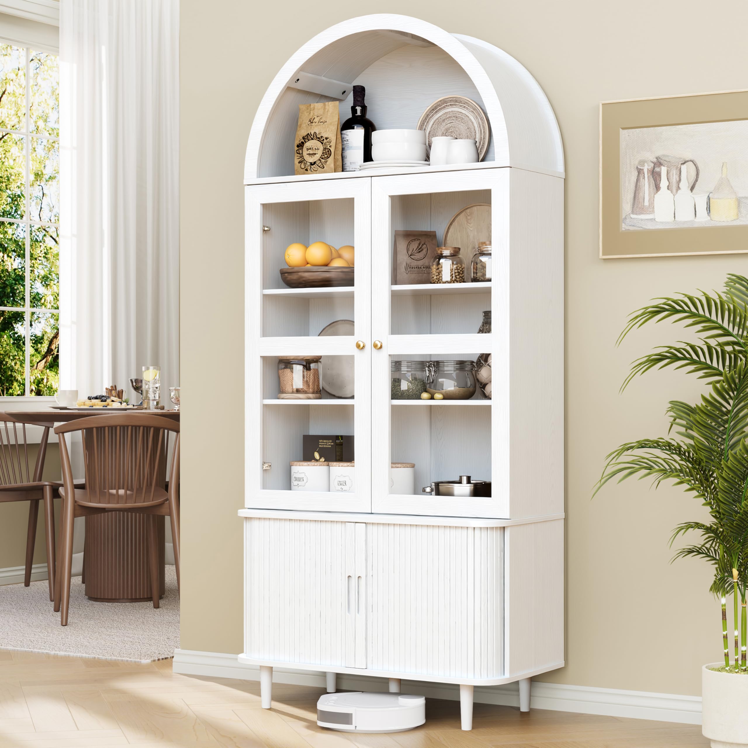 DHH 71" Tall Arched Kitchen Pantry, Modern Farmhouse Wood Kitchens Storage Cabinets with Sliding Doors＆ Adjustable Shelves, Versatile Cupboard for Kitchen, Living Dining Room, Bathroom (White)