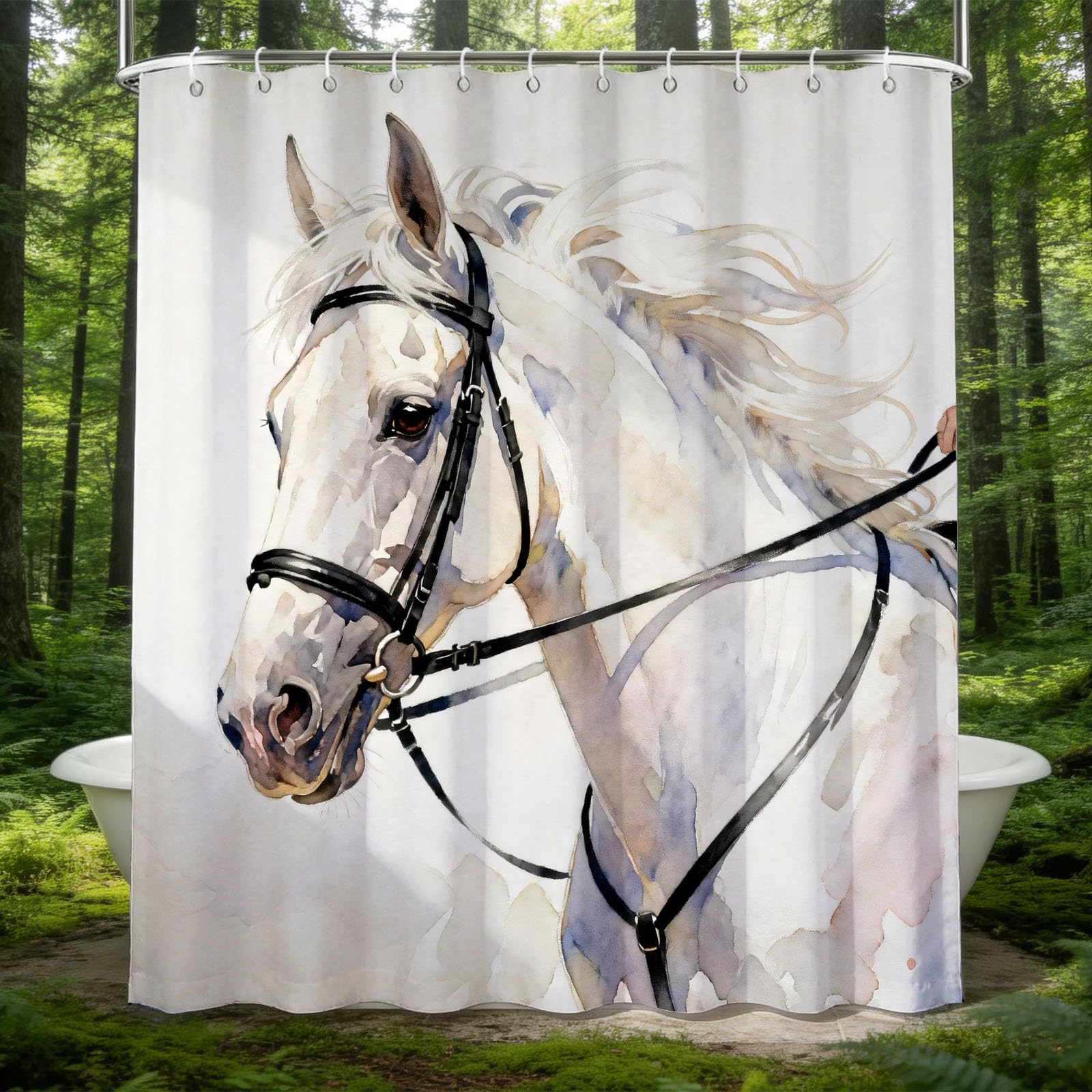 Hongduo 3D Snowy Horse Shower Curtain for Stalls Bathtubs Horse Printed Bathroom Decor Shower Curtain Set Polyester Fabric Waterproof 180x180cm/71X71 Inch with Hooks