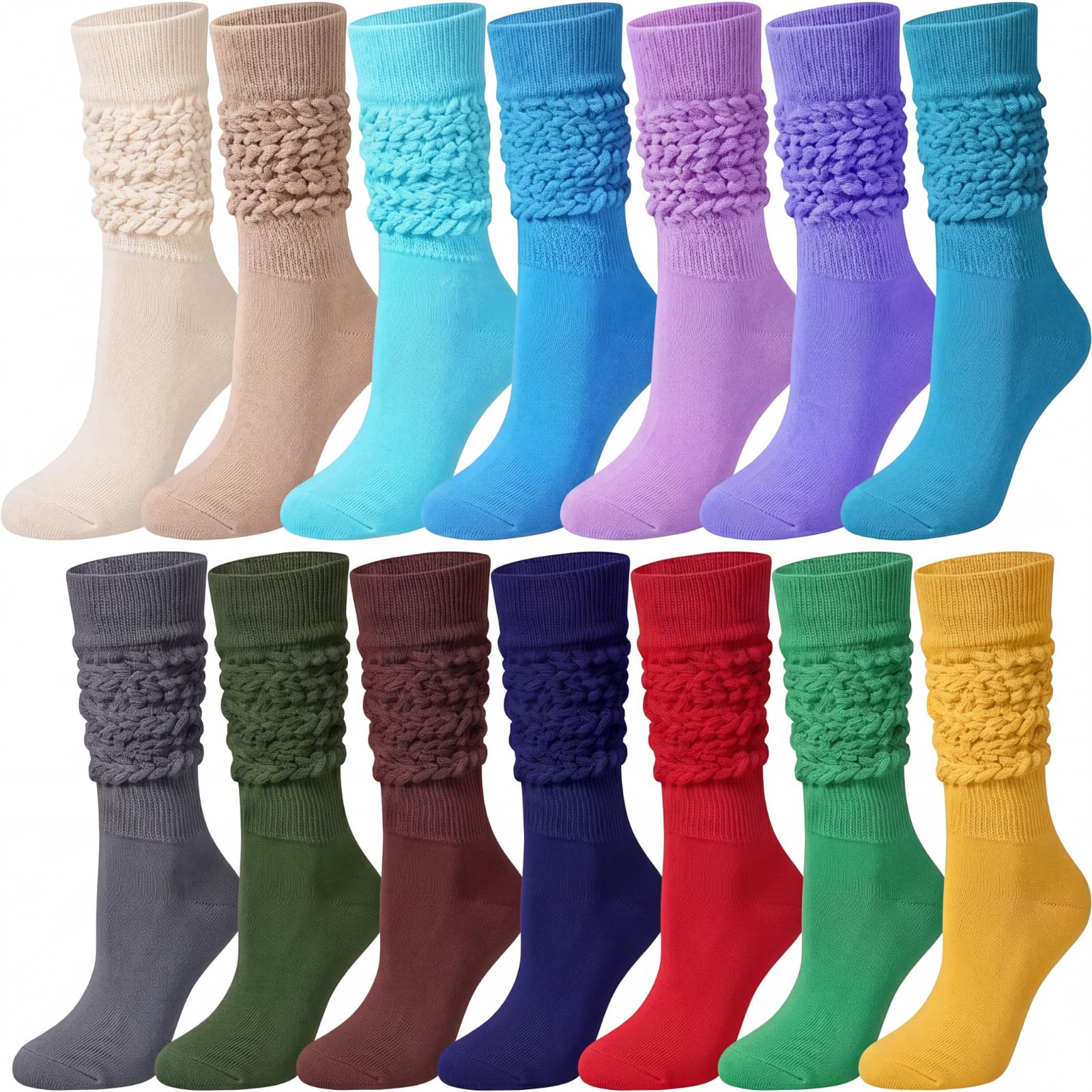 Lot de 14 paires de chaussettes froissées pour femme, colorées, souples, fluo, style années 80, extra longues, douces, élastiques, taille 42-45