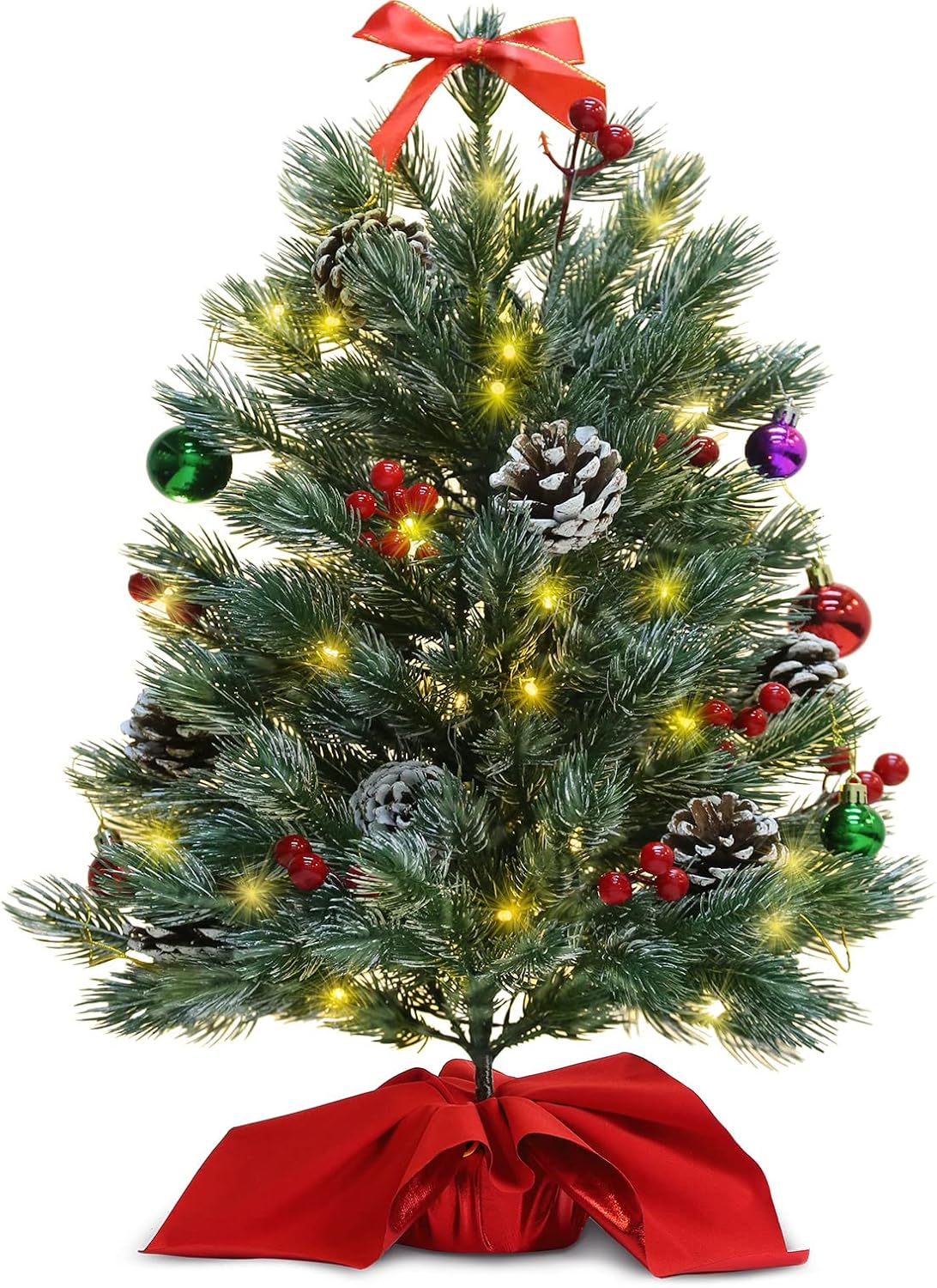 HAUSPROFI Pequeño árbol de Navidad 60CM - Árbol de Navidad de Mesa - Mini árboles de Navidad Artificiales con Piñas, Lazo de Navidad, Luces y Bolas Decorativas (C)