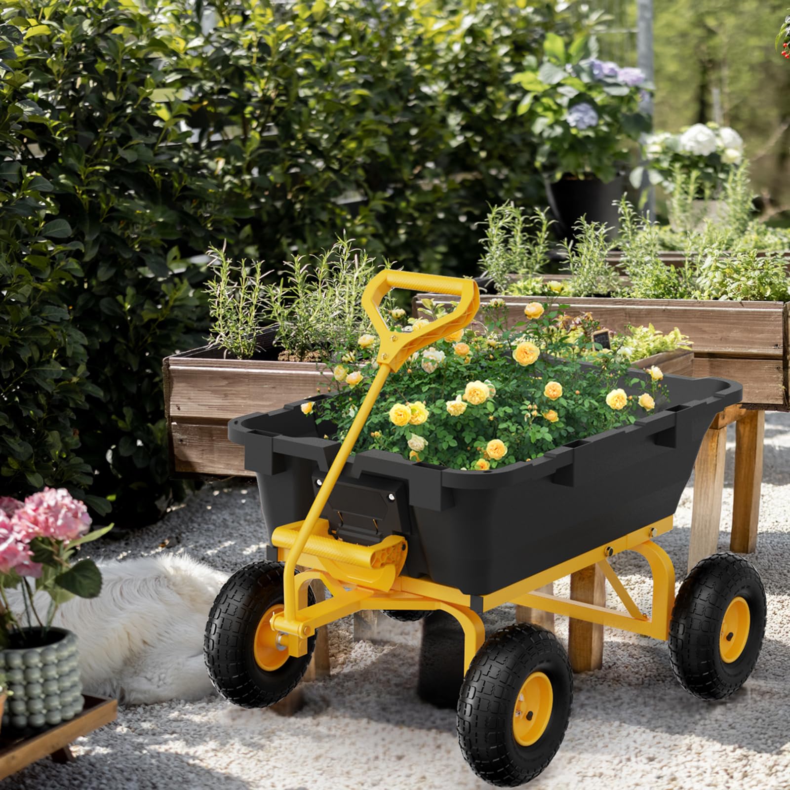 Bonnlo Schubkarre 4 Räder mit Kippfunktion,Schwerlast-Kippwagen, 363 kg Tragfähigkeit, Schnellverschluss-Kippwagen, Gartenwagen für Garten, Hof und Strand,105 * 66 * 82CM,Gelb und Schwarz