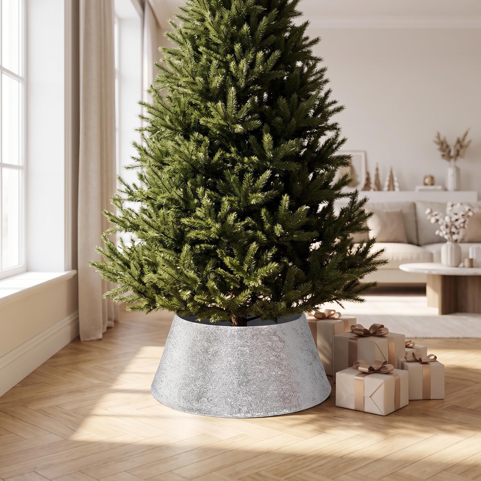 Tappeto sotto l’Albero di Natale | Finitura Glitterata Scintillante, Decorativo, Anello Gonna per Albero di Natale, Vetrine, Argento