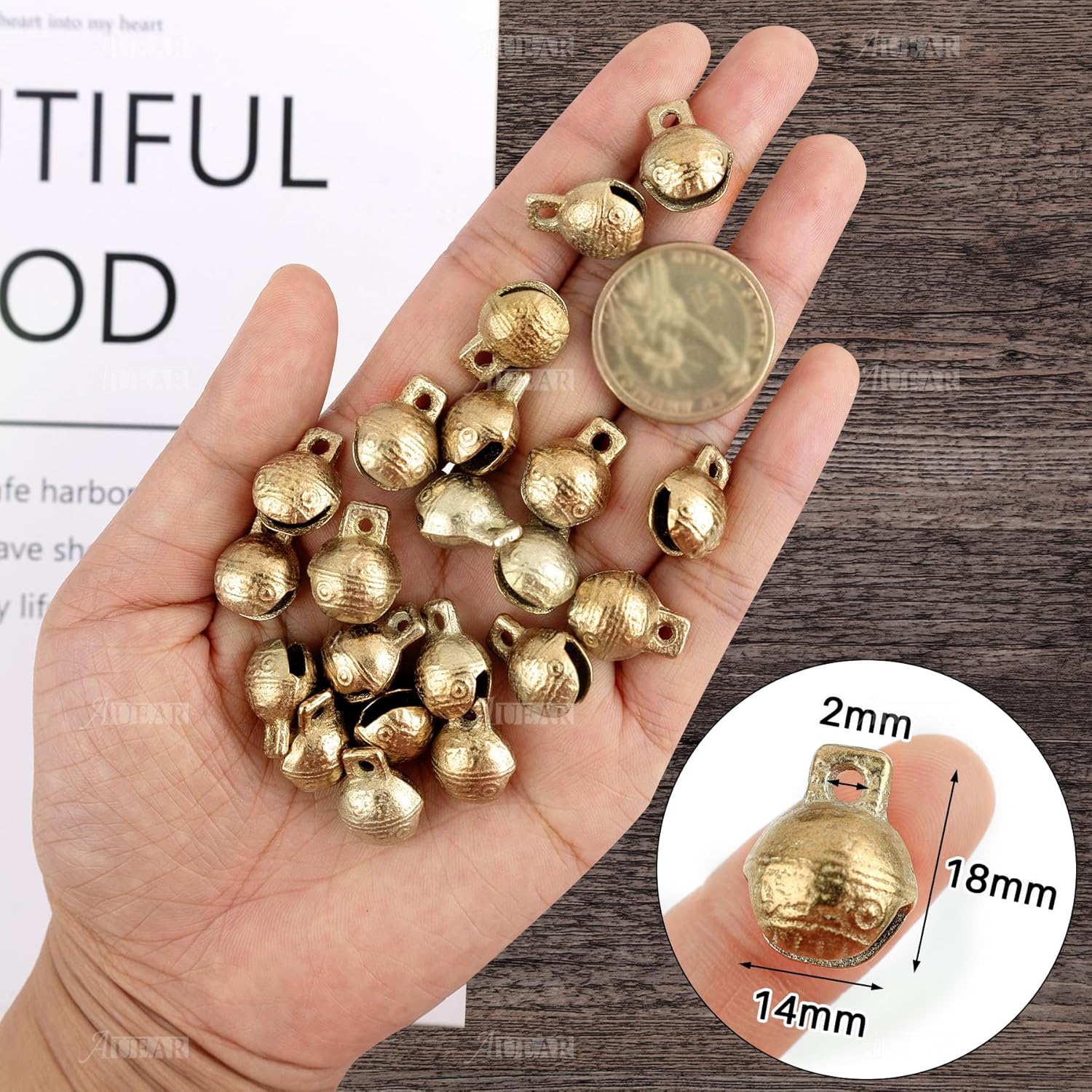 AUEAR, 60 Pack Vintage Brass Bells Mini Jingle Bell DIY Craft 14mm Small Tibetan for Jewelry Making Charms Pendants Wind Chimes Home Door Decor