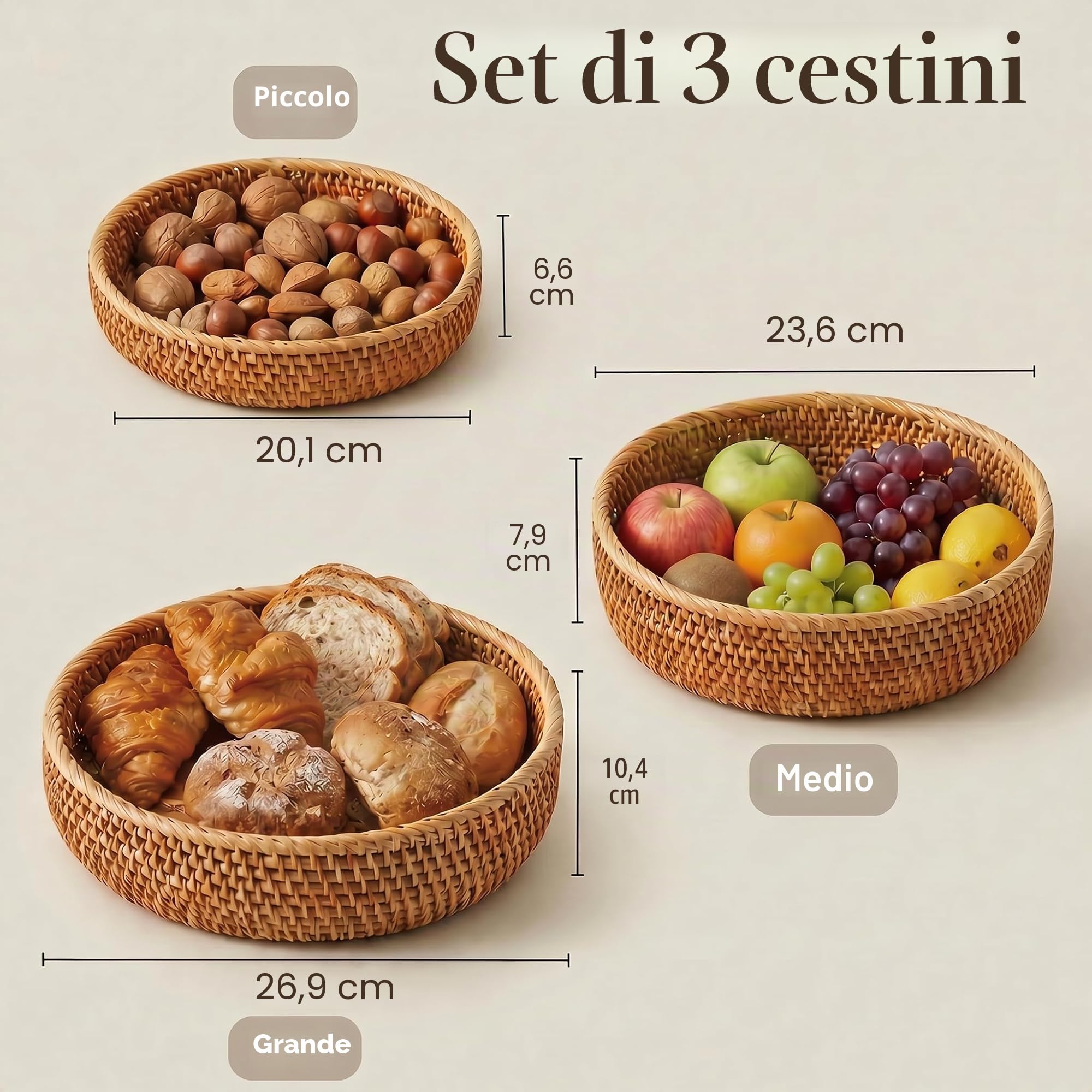 Cesto di Frutta Rotonde in Rattan, Ciotole in Cesta di Vimini Naturali, Organizer in Intrecciate per Cucina/Sala da Pranzo (Rotondo)